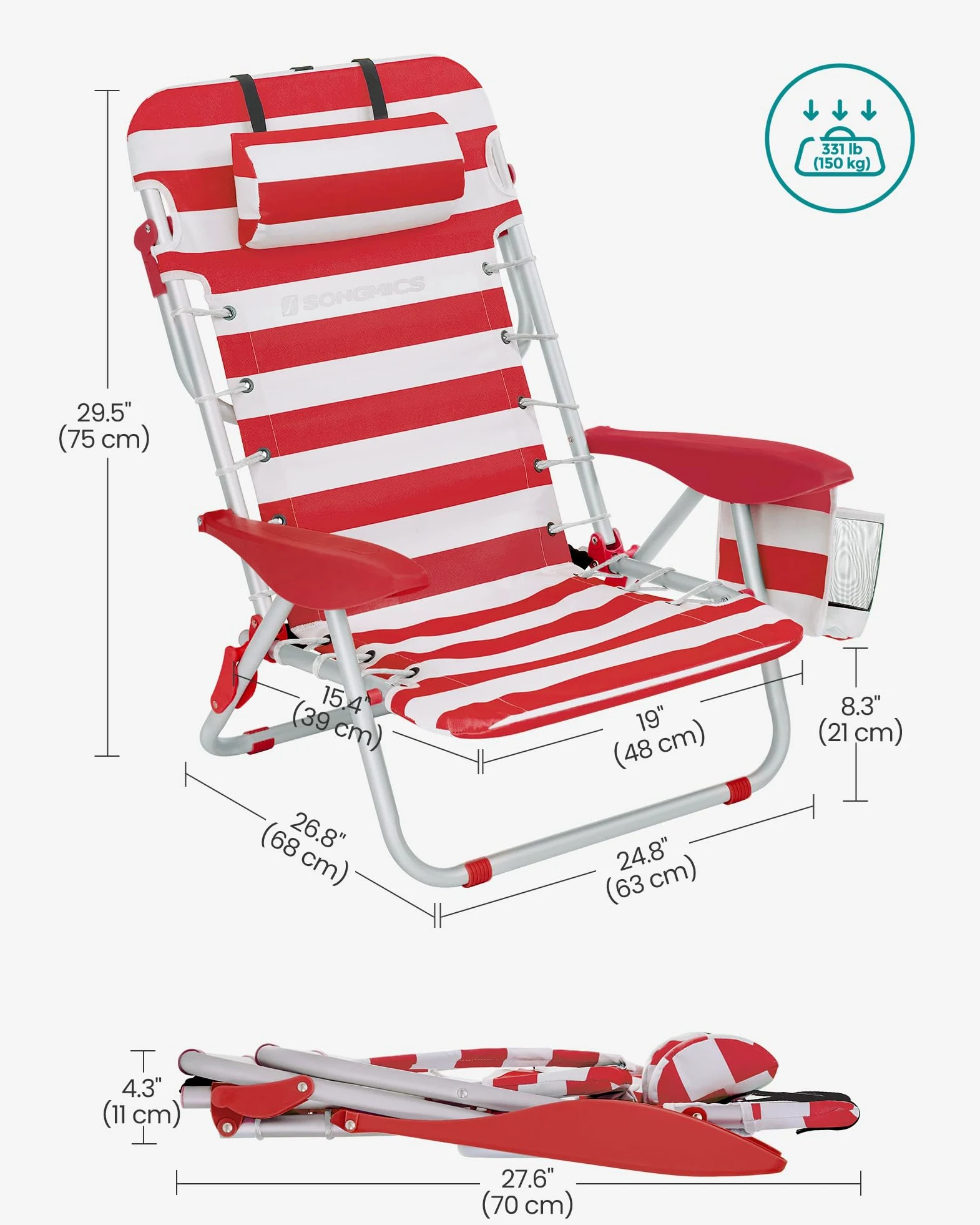 SONGMICS Silla de playa, silla de camping plegable, silla portátil para exteriores, capacidad de 332 libras, llevar como mochila, con respaldo ajustable, reposacabezas, reposabrazos, 2 bolsillos