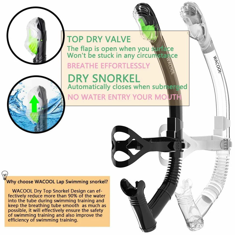 WACOOL Correa de entrenamiento para la cabeza, tubo de esnórquel con parte superior seca, boquilla cómoda, válvula de purga unidireccional para piscina, aguas abiertas, buceo, natación, natación,