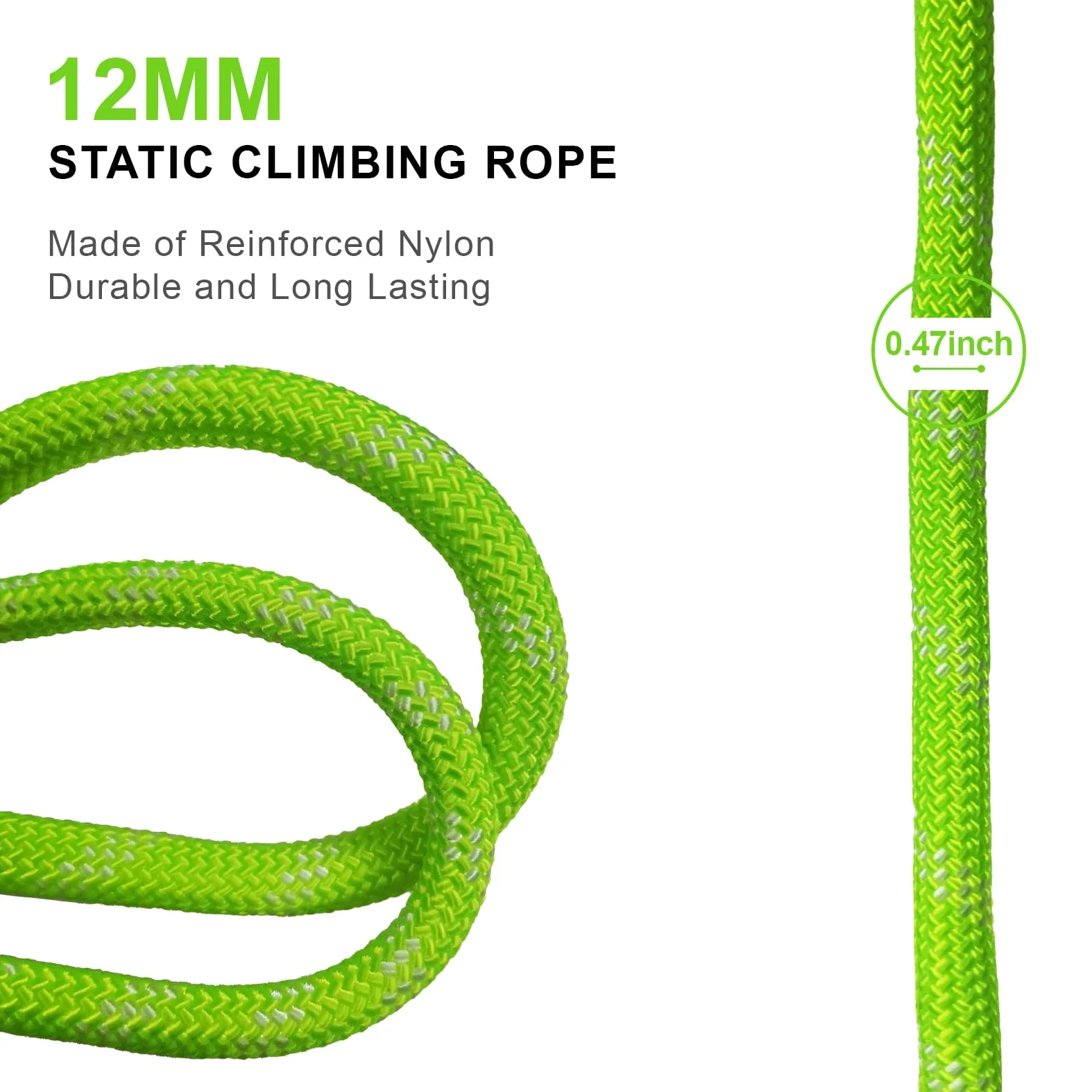 100m Cuerda Estática de Escalada 12mm con 2 Mosquetones, UIAA | Nylon de alta resistencia, resistente a la abrasión y UV, verde fluorescente, para rescate y actividades al aire libre