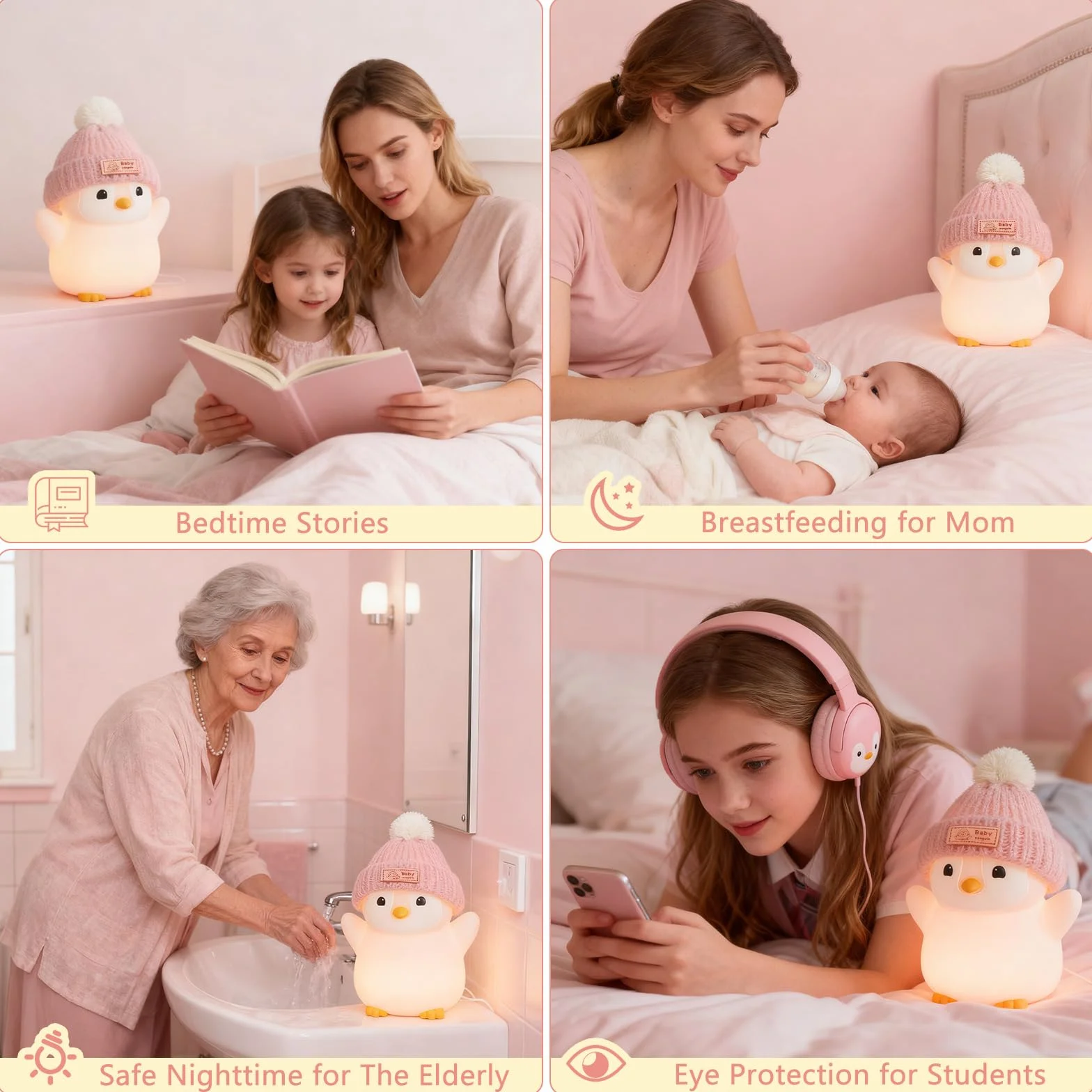 FAMIDUO Luz Nocturna Bebe Pingüino de Silicona con Control Táctil LED Recargable Temporizador 20 Minutos