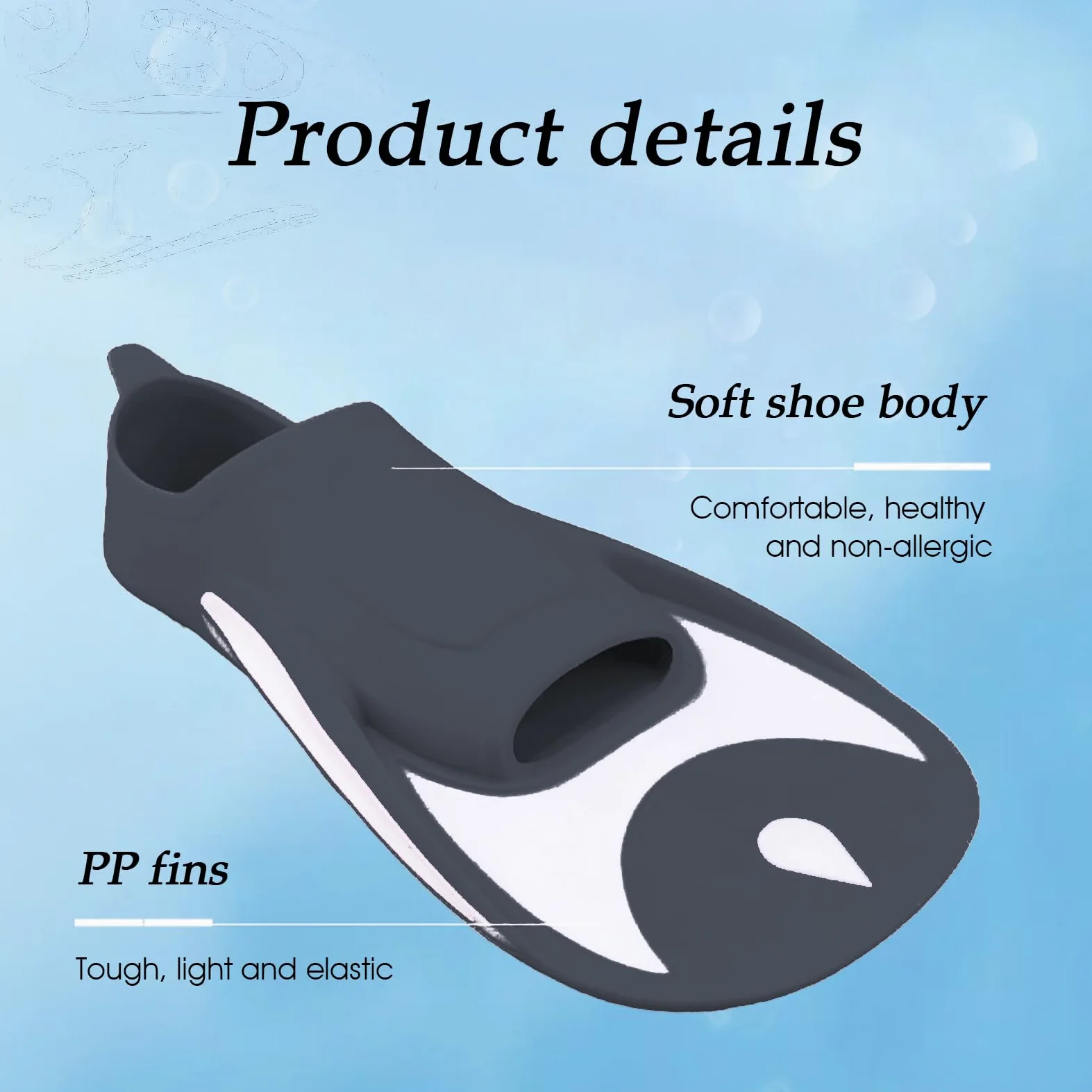 Aletas de natación – 15 pulgadas PP | Aletas de goma – Equipo de buceo de tacón corto para adultos y niños, ideal para esnórquel, buceo libre, buceo, natación, entrenamiento de playa y deportes