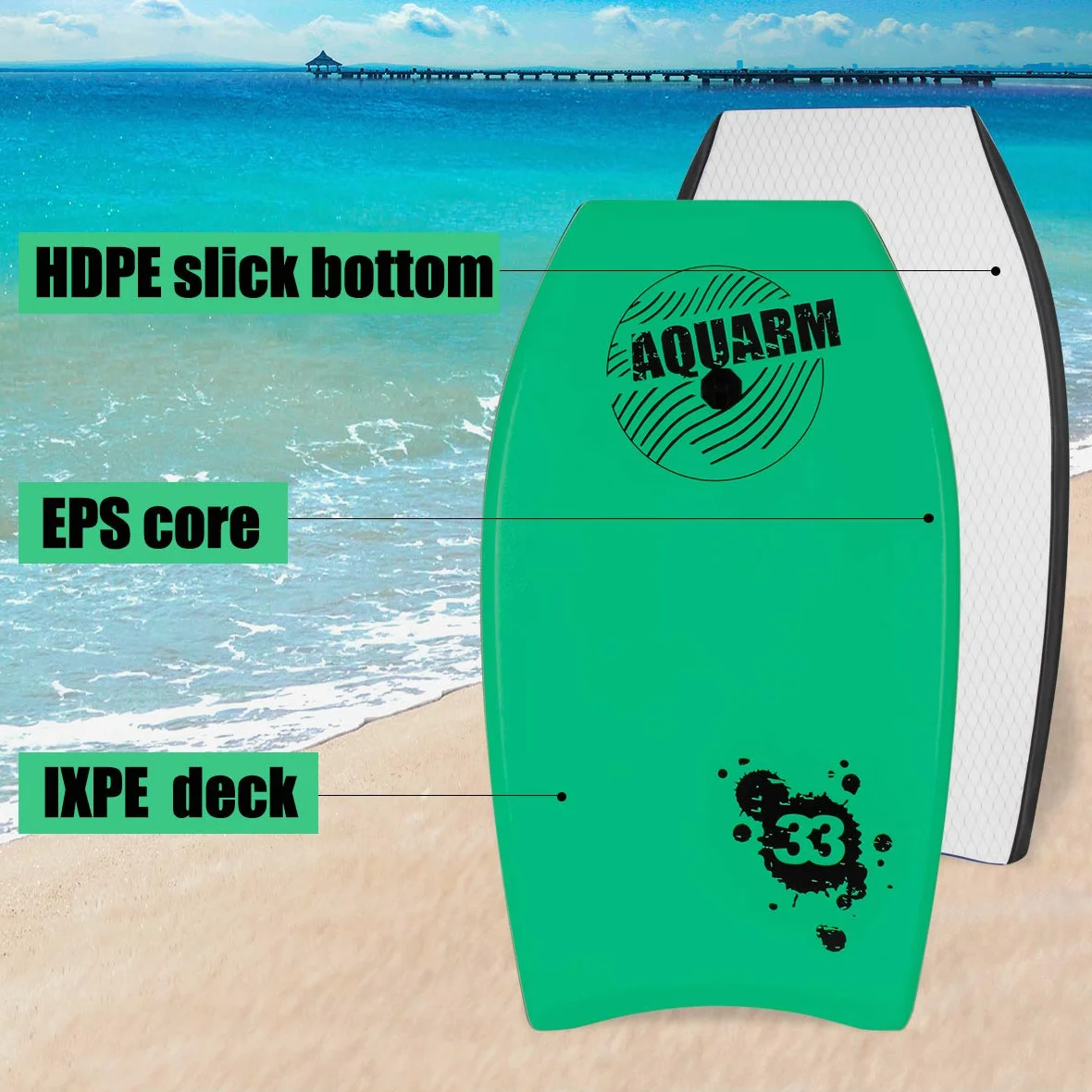 Bodyboard 83.8 cm Verde para Surf | Núcleo EPS ligero, parte inferior lisa de alta velocidad, incluye correa de muñeca, para niños, adolescentes y adultos