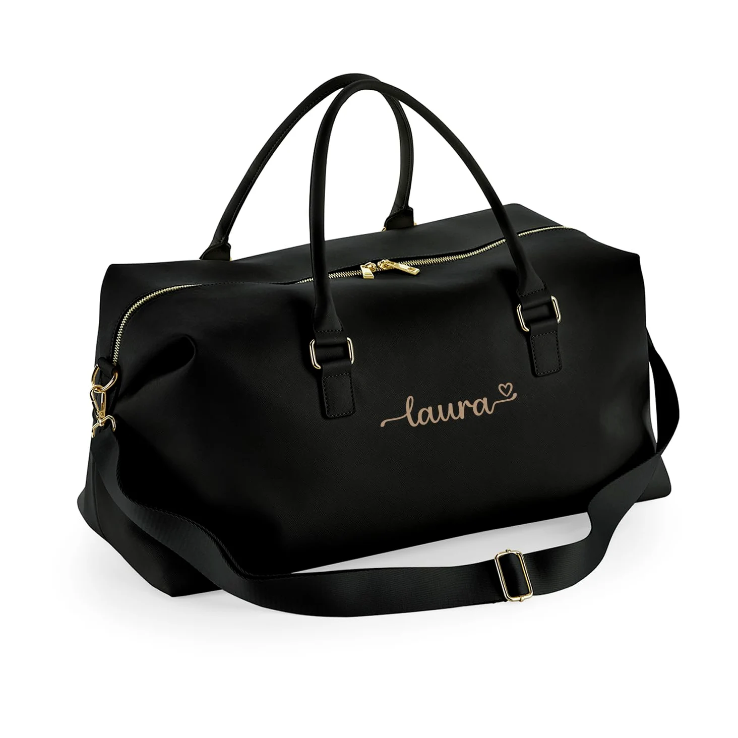Bolsa de Viaje Mujer Personalizada Negro - Colección Woman | Bolsa Deporte Personalizada con Nombre, Cuero Vegano Saffiano, 25L | Correa Ajustable, Cremallera XL, Bolsillo Interior
