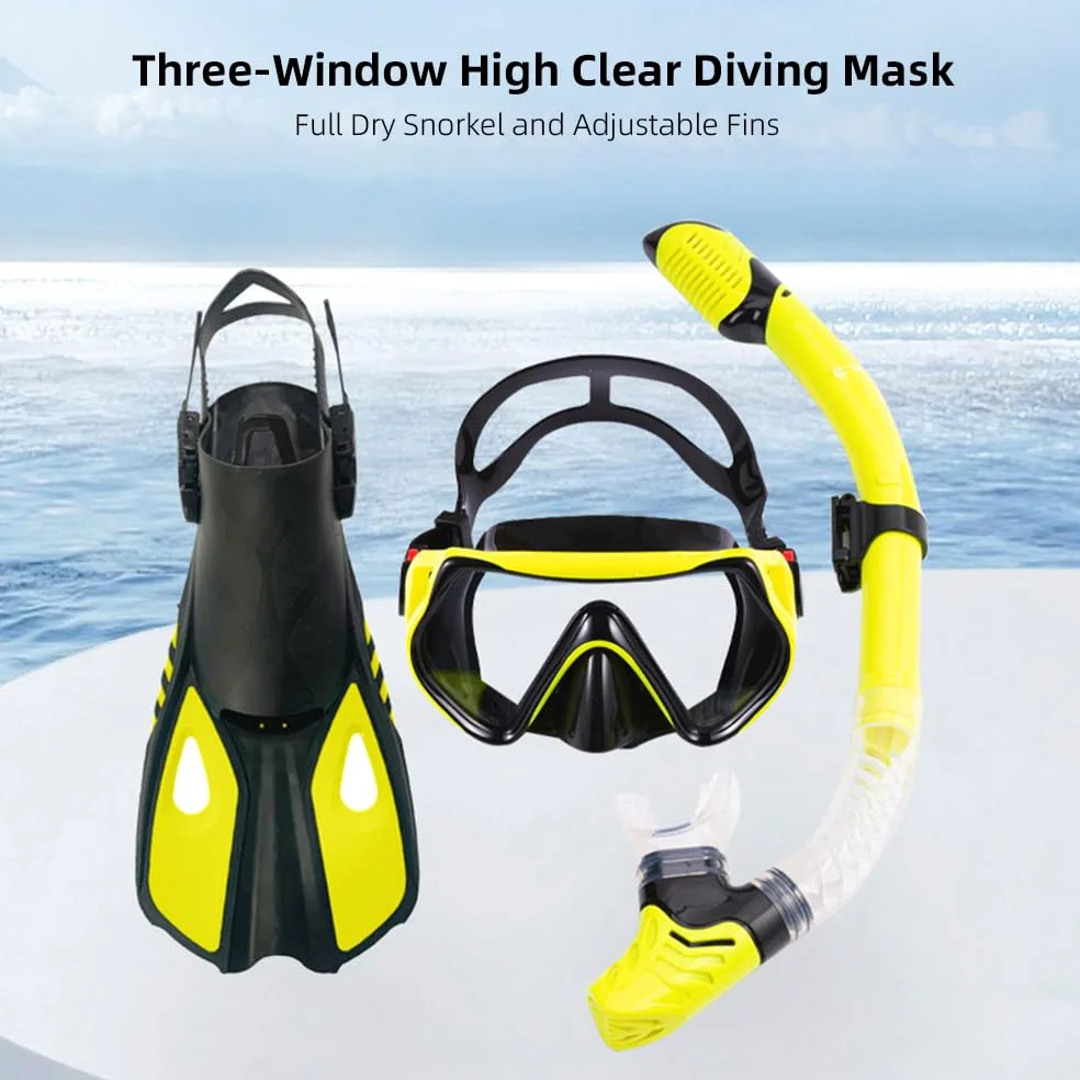ACAGALA Gafas de buceo, tres ventanas, máscara de buceo de alta claridad con tubo de snorkel completamente seco y aletas ajustables para equipo de buceo para hombres y mujeres
