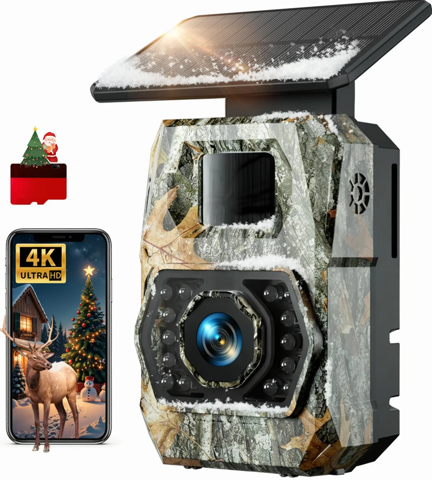 Cámara de Caza Solar WiFi 4K 60MP con Batería Recargable de 5200 mAh, Camara Fototrampeo con Visión Nocturna, 0.1s Tiempo de Activación, IP66, Observación de Animales, con Tarjeta SD de 32GB