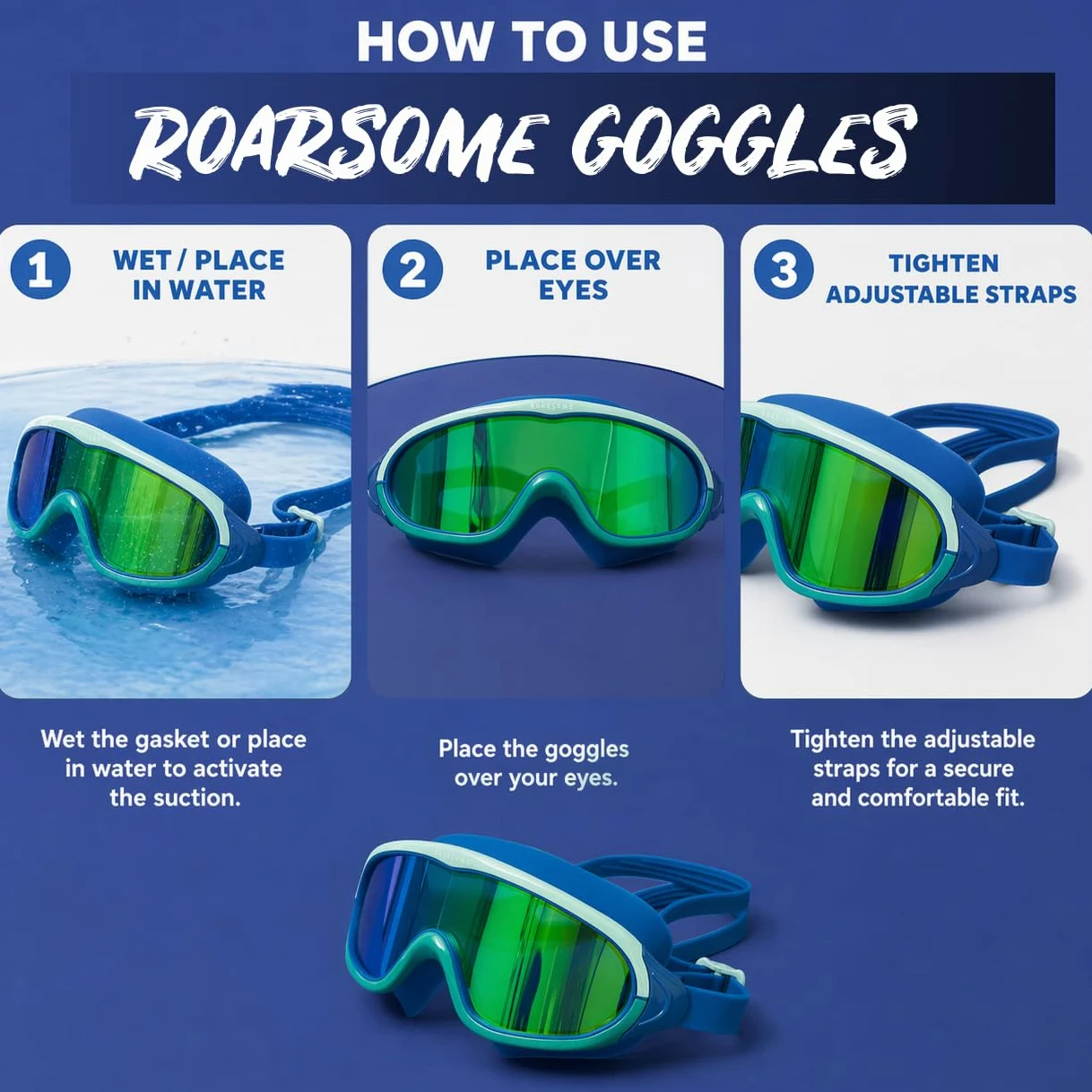 Roarsome Gafas de natación, lente de visión ultra ancha, antivaho y protección UV, ajuste de silicona suave, diseño a prueba de fugas, correa ajustable, unisex, talla única, ideal para piscina, océano
