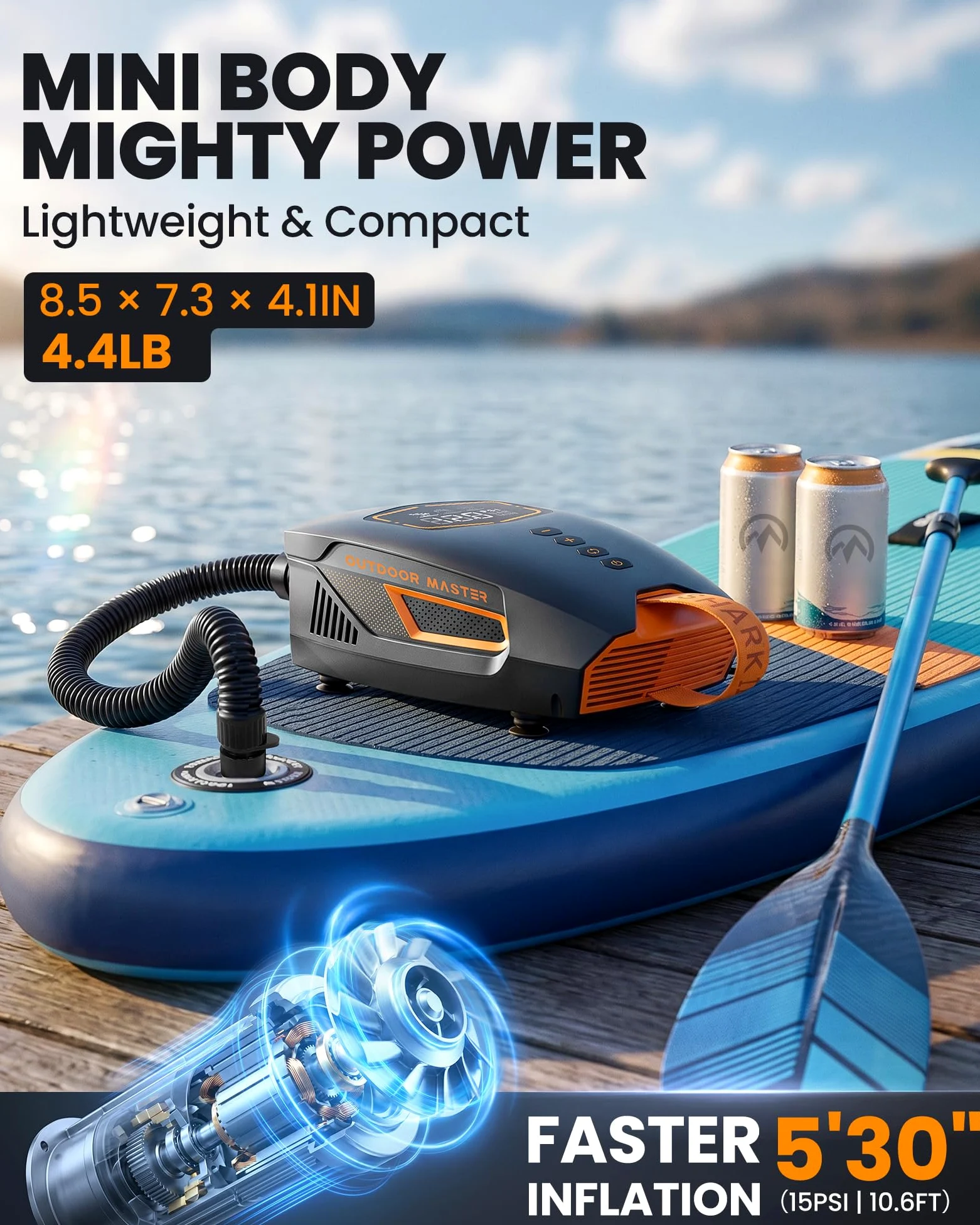 OutdoorMaster Shark 3 Mini 74Wh Bomba Eléctrica Sup Portátil, Inflado Rápido 5'30", Bomba Paddle Recargable, Auto-Apagado y Desinflado, 20 PSI, 12V/15,8V DC y USB-C, 8 Boquillas