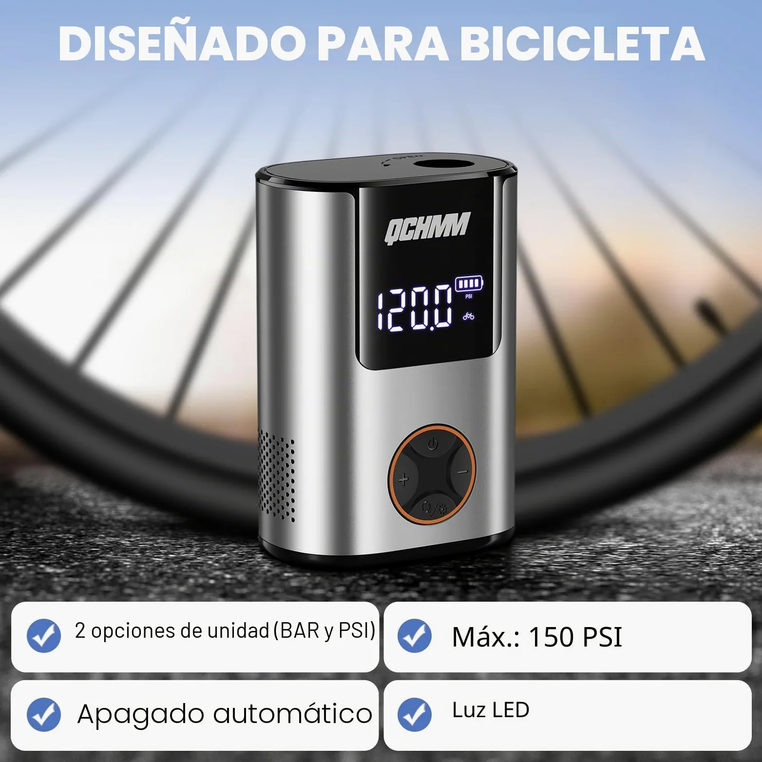 Bomba de bicicleta eléctrica, mini bomba de aire eléctrica para bicicleta, bomba de aire con manómetro para válvulas Schrader y Presta, bomba de aire de batería de 120 psi, unidades PSI/bar, apagado