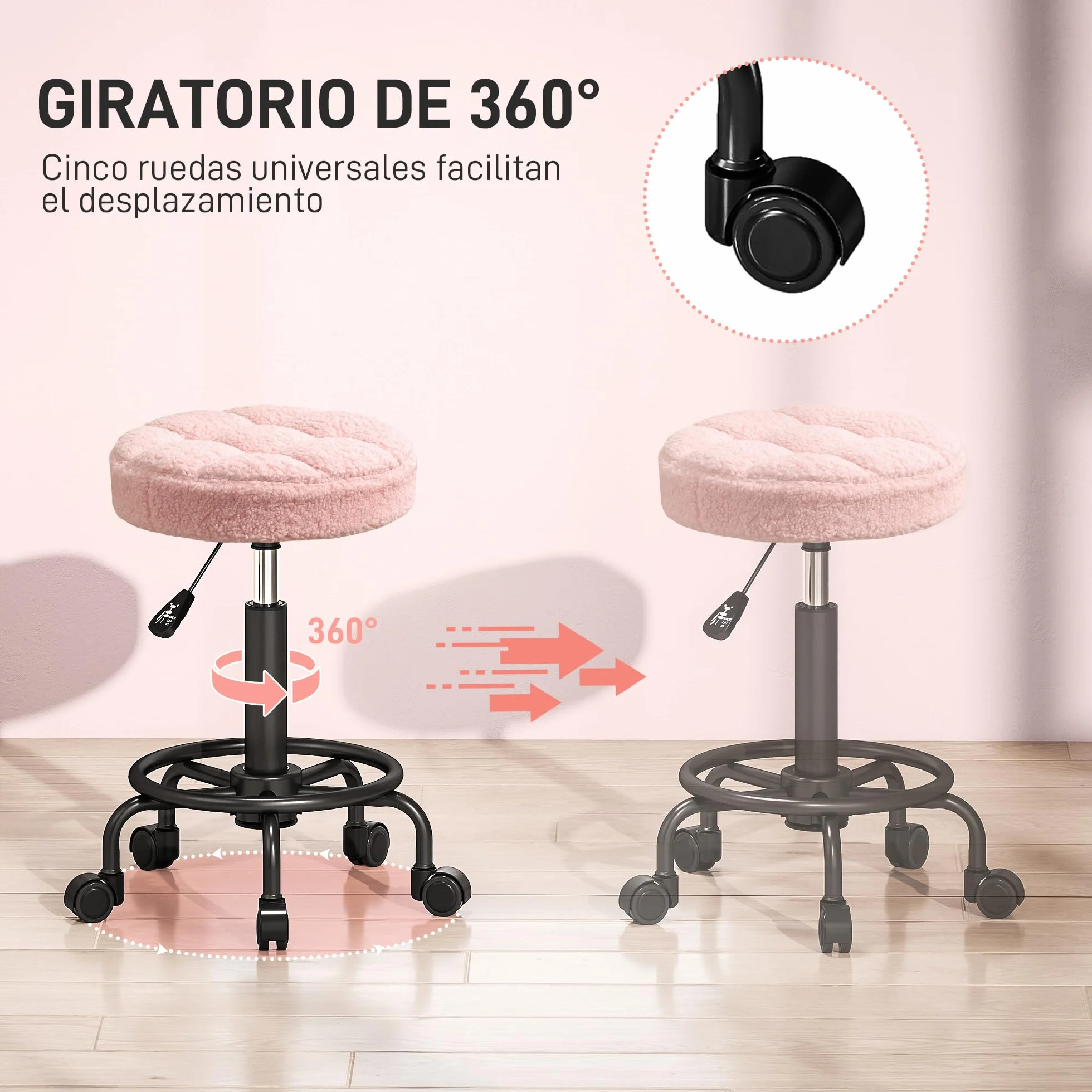 HOMCOM Taburete Giratorio Redondo con Ruedas Altura Regulable 50-66 cm Asiento Tapizado Tejido Borreguito Rosa