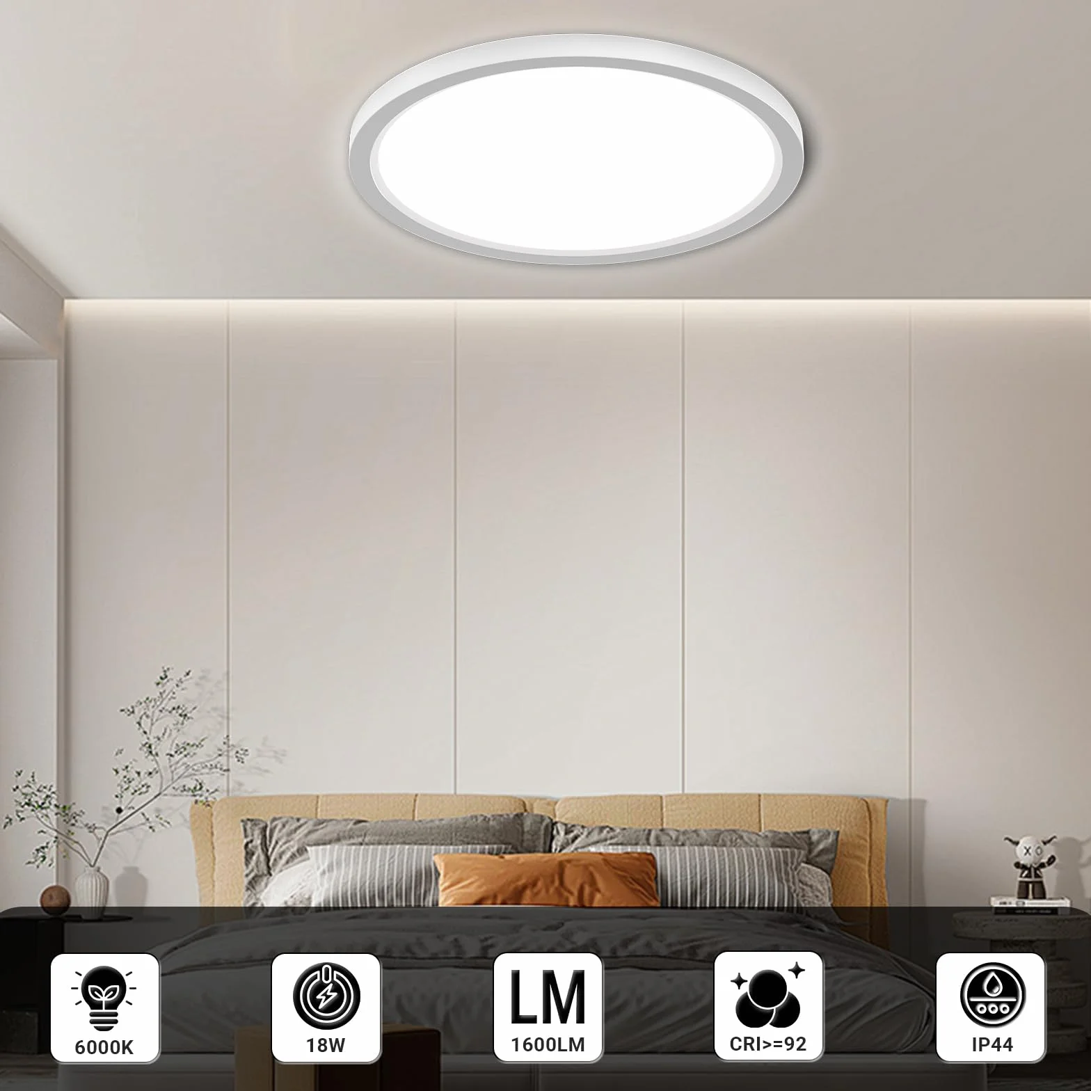 LQWELL® Lámpara de Techo LED IP44 Impermeable 18W 6000K 1980LM Redonda Plana 220x18mm