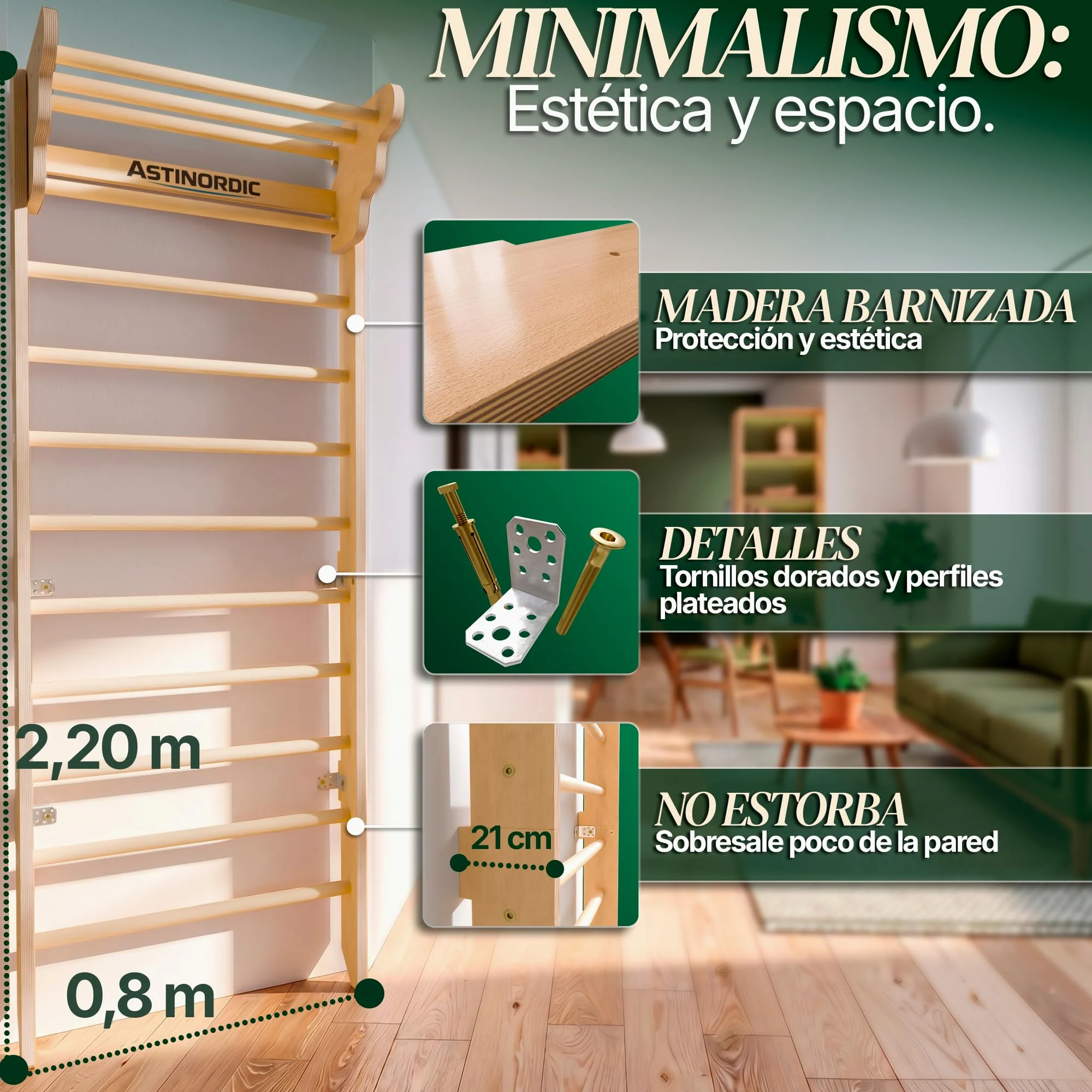 Espaldera Gimnasio Casa con Barra de Dominadas | Escalera Sueca Madera | Soporta hasta 150 kg | Montaje Fácil, Todo Incluido