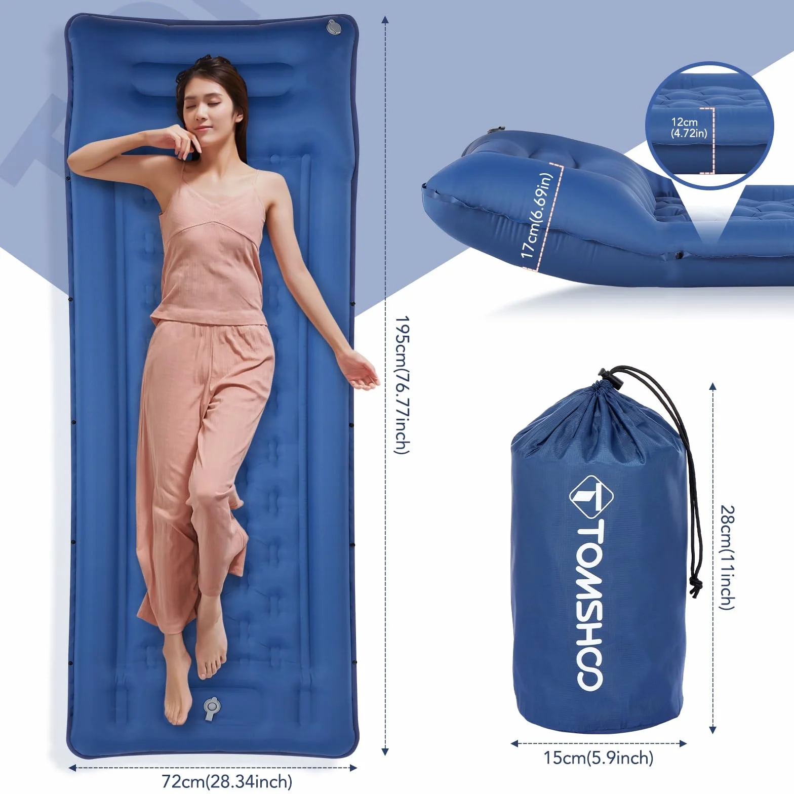 TOMSHOO Esterilla Camping Autoinflable, Colchón Hinchable Con Bomba de Pie y Almohada, Ultraligera Con 2 Mosquetón, Para Tienda, Senderismo, Viajes