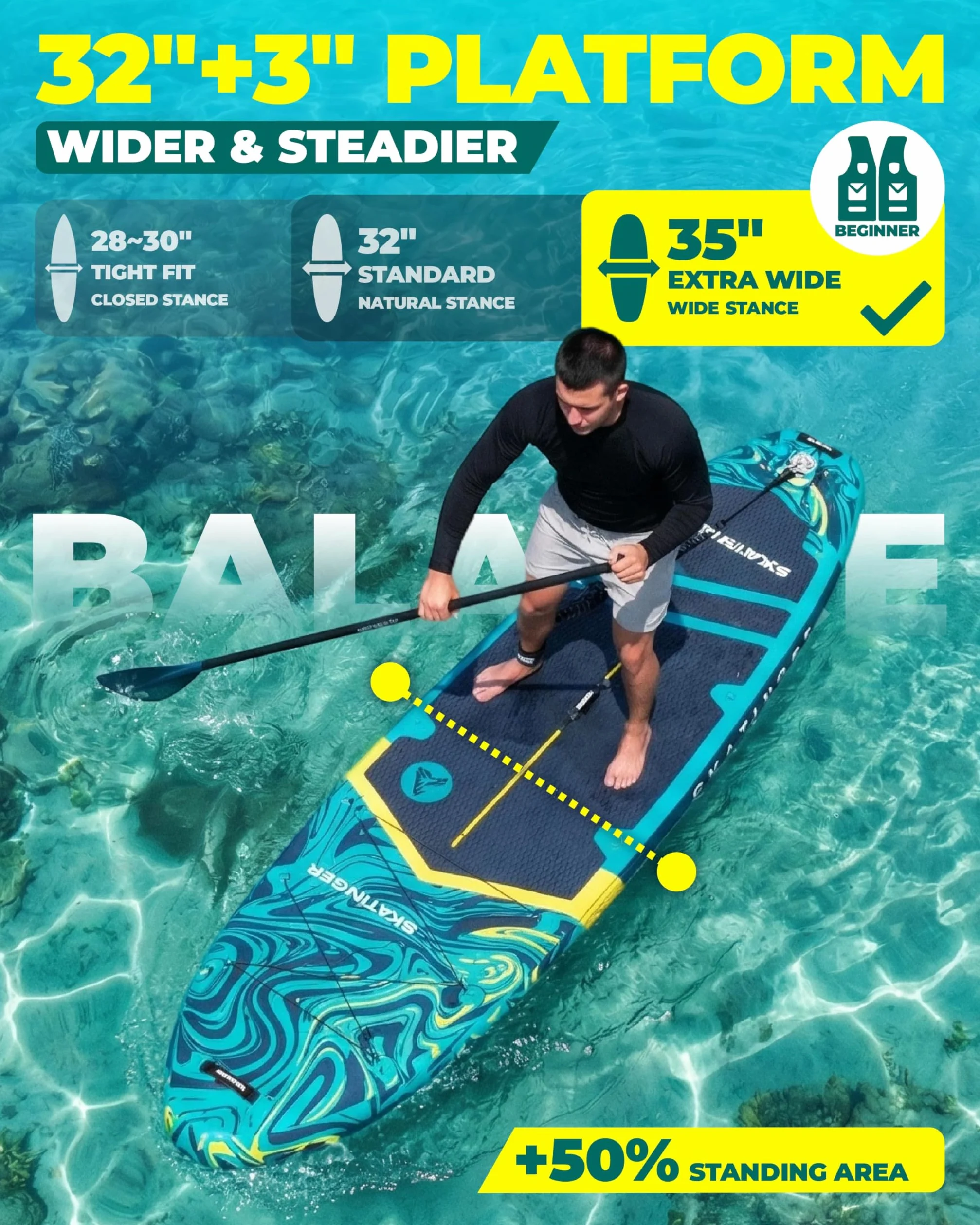 Skatinger Tabla de Remo Inflable extraancha de 335 x 86 cm, soporta hasta 190 kg, para Adultos, Sup Estable para 2 Personas/Familia, Remo de 3 Piezas, Correa para el Hombro, quilla Estadounidense