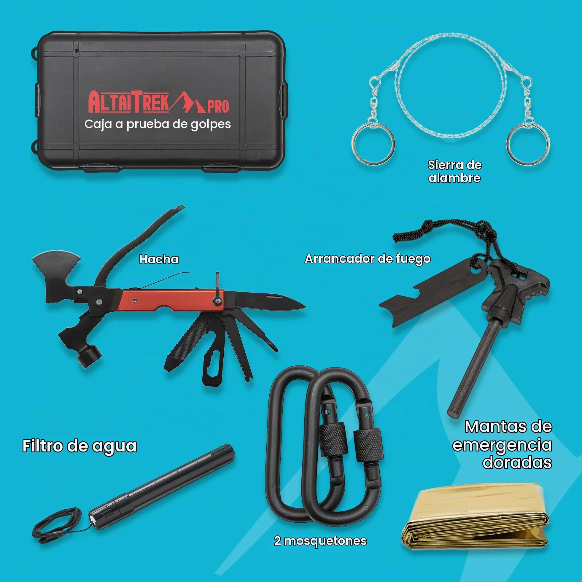 Kit de Supervivencia con Cuchillo, Manta Térmica, Flintlock, Bolígrafo de Defensa Personal, Hacha Multifunción | para Camping, Rescate | El único con Filtro de Agua de Emergencia