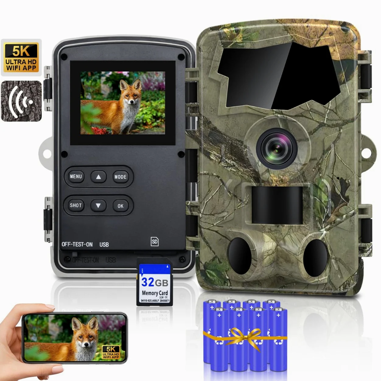 Lutranstra Cámara de Caza 5K WiFi, cámara de Vida Silvestre Full HD de 64MP con aplicación de transmisión a móvil, cámara de Infrarrojos para Animales Salvajes con Tarjeta SD de 32G y baterías 8*AA