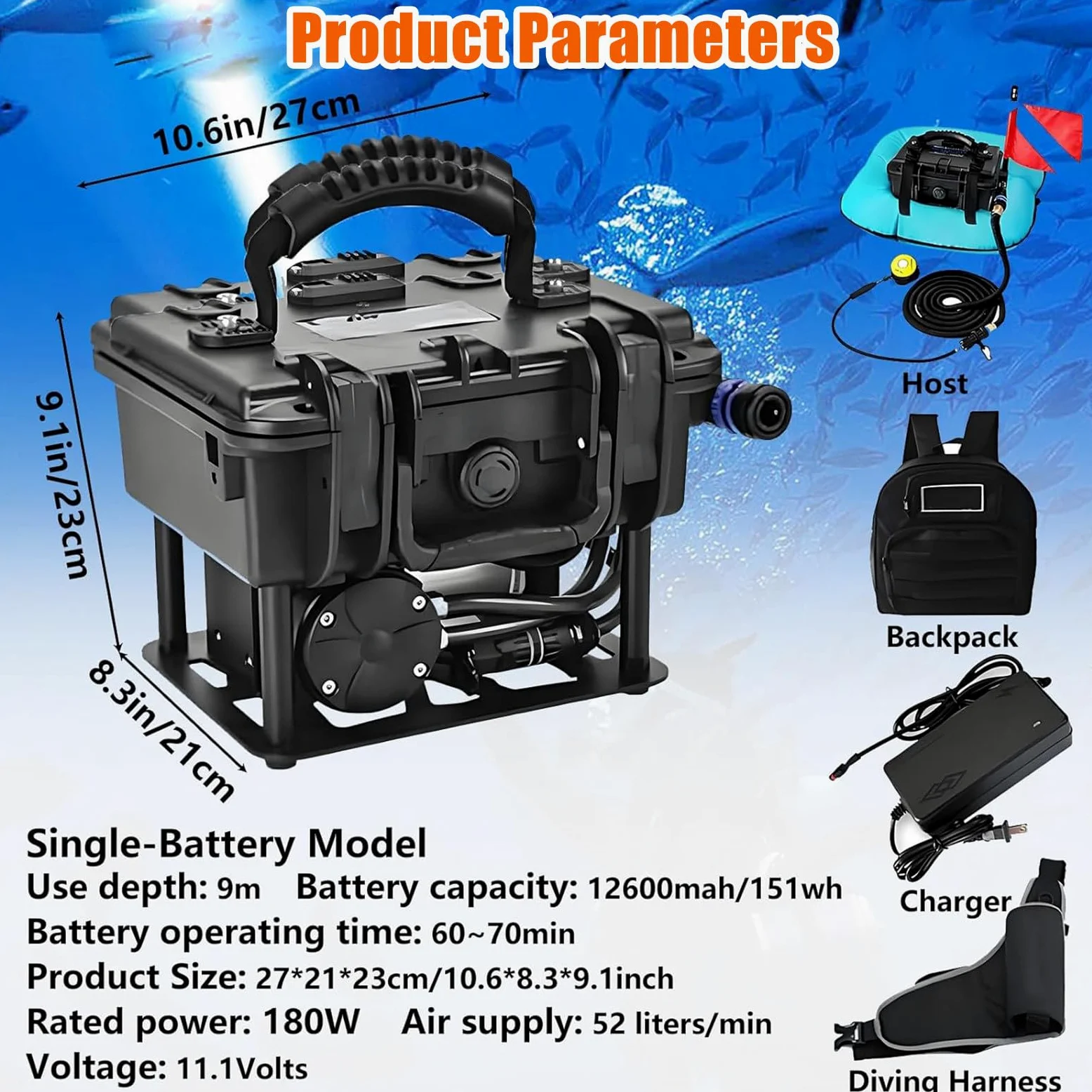Bombona de Buceo Eléctrica con Compresor y Manguera de 9,5M. Equipo de Buceo Portátil con Filtro Activo para Limpieza de Cascos y Pesca Deportiva. Red-Singlebattery