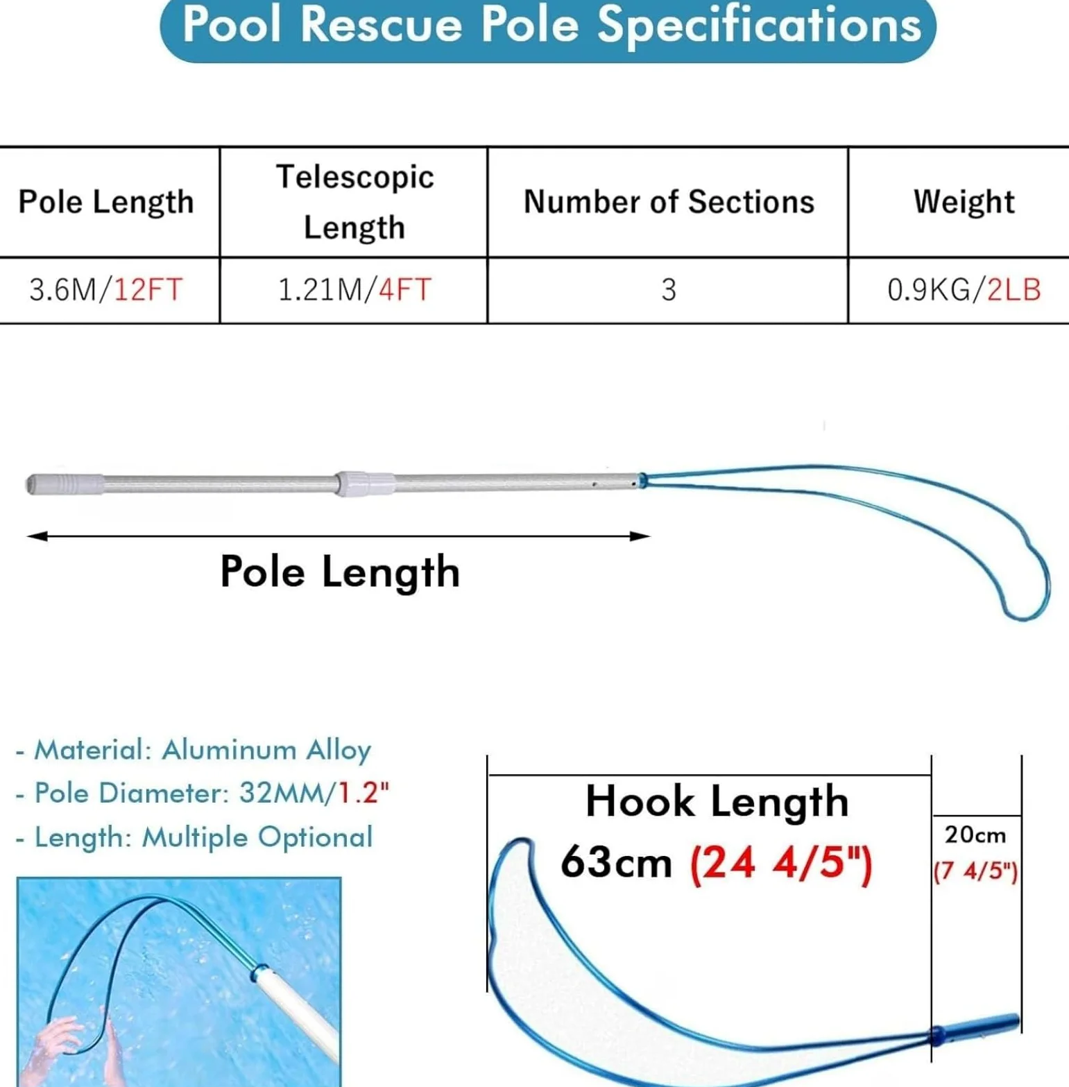 Barra de rescate telescópica con gancho para el cuerpo, equipo de salvavidas extensible de 12 pies para seguridad en la piscina, ideal para rescatar adultos y niños