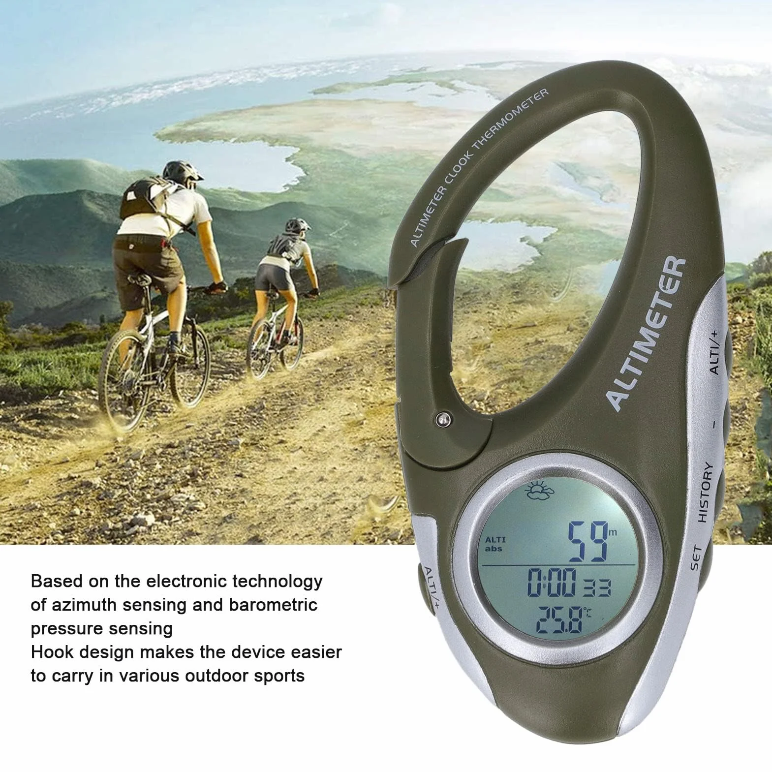 Barómetro Digital con Altímetro y Brújula, Pantalla LCD, Termómetro, Carcasa ABS, Luz de Fondo, para Montañismo y Camping