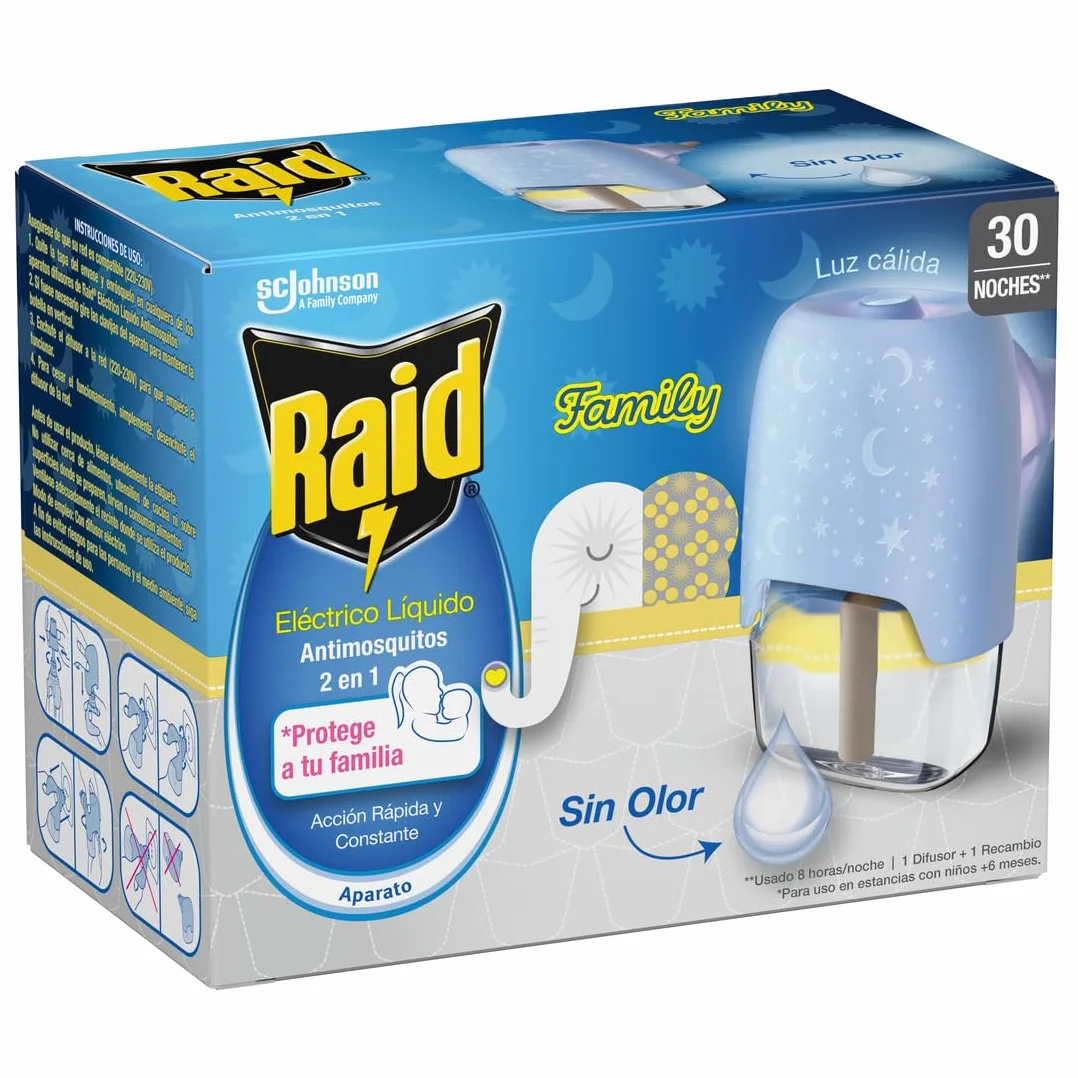 Raid Eléctrico Líquido Family 30 Noches Enchufe Anti Mosquitos 2 en 1 Mata y Ahuyenta Aparato + Recambio