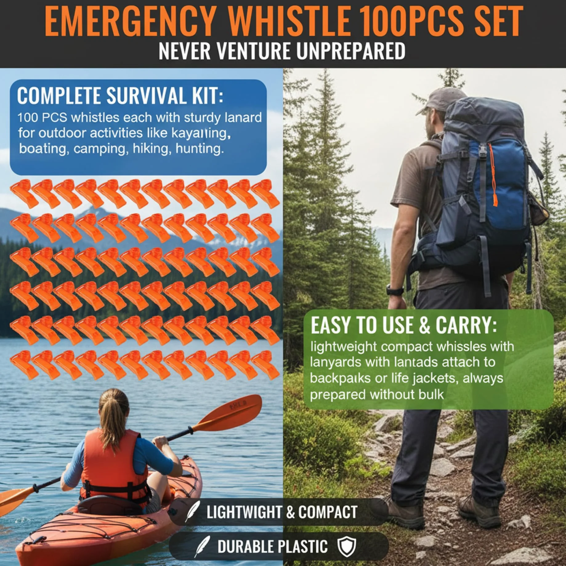 Silbato de Emergencia 100PCS Silbato de Seguridad de plástico Ruidoso con cordón Equipo de Supervivencia para Kayak, canotaje, Barco de Pesca, Camping, Senderismo, Caza