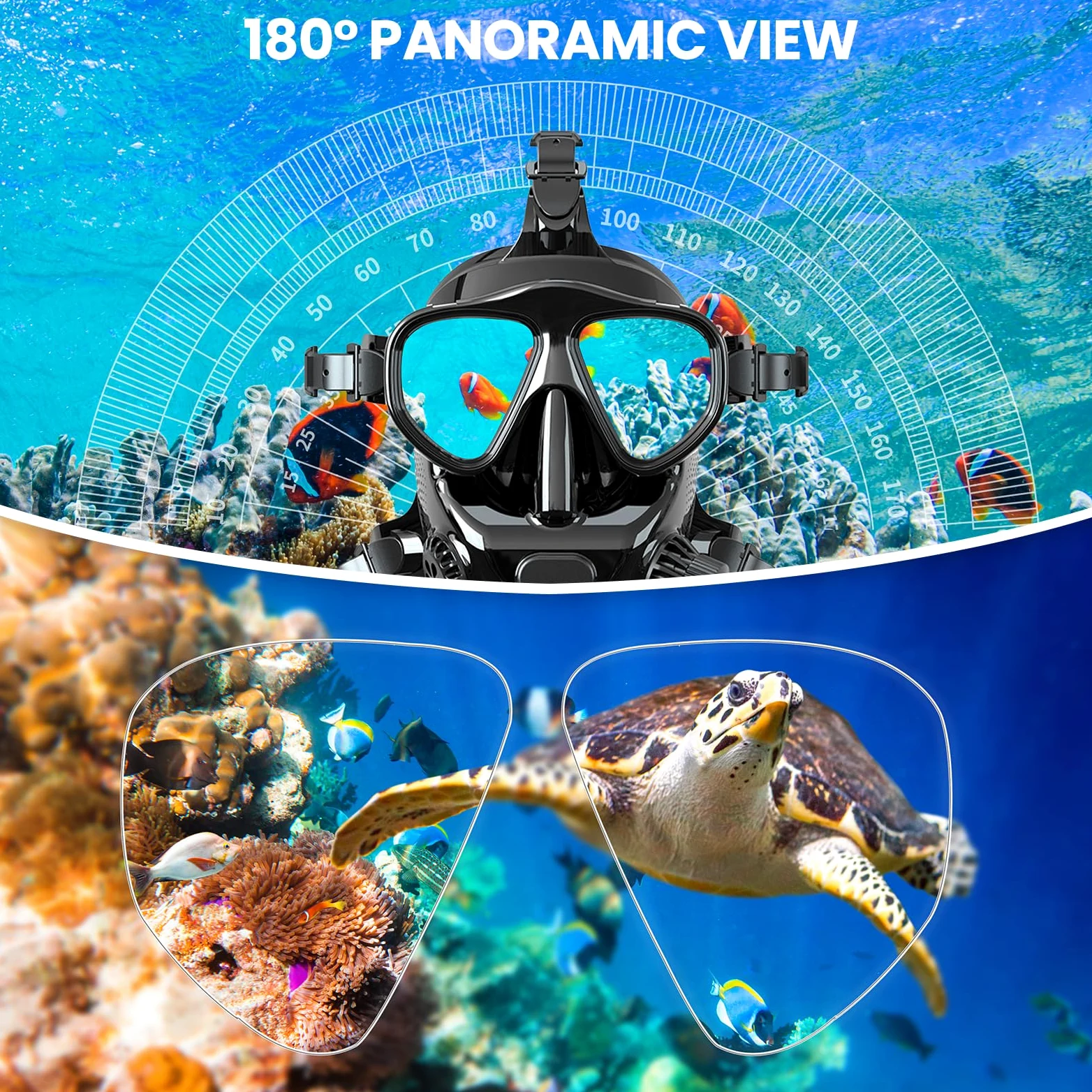 TUDIVING - Máscara de Buceo de Cara Completa con Soporte para cámara, Vista panorámica de 180°, máscara de Snorkel de Cara Completa para Adultos, Compatible con Tanques de Buceo de 1L/2L