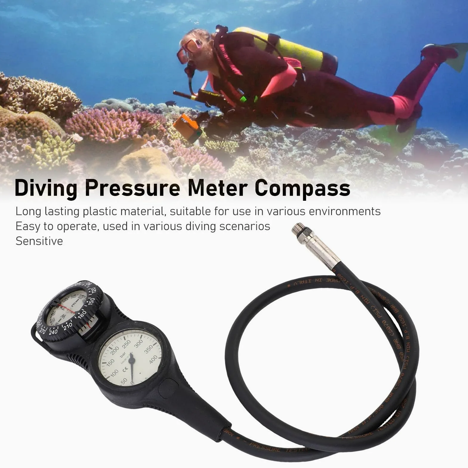 Generic Medidor de Presión de Buceo Brújula Pantalla Clara Precisa para Buceadores Profesionales Material Plástico Portátil Ligero