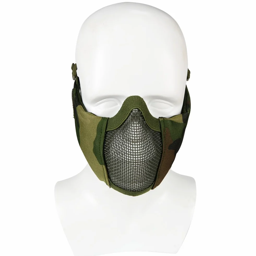 máscara táctica para Airsoft, Media Cara Inferior, Malla de Acero de Metal, protección para los oídos para Paintball al Aire Libre