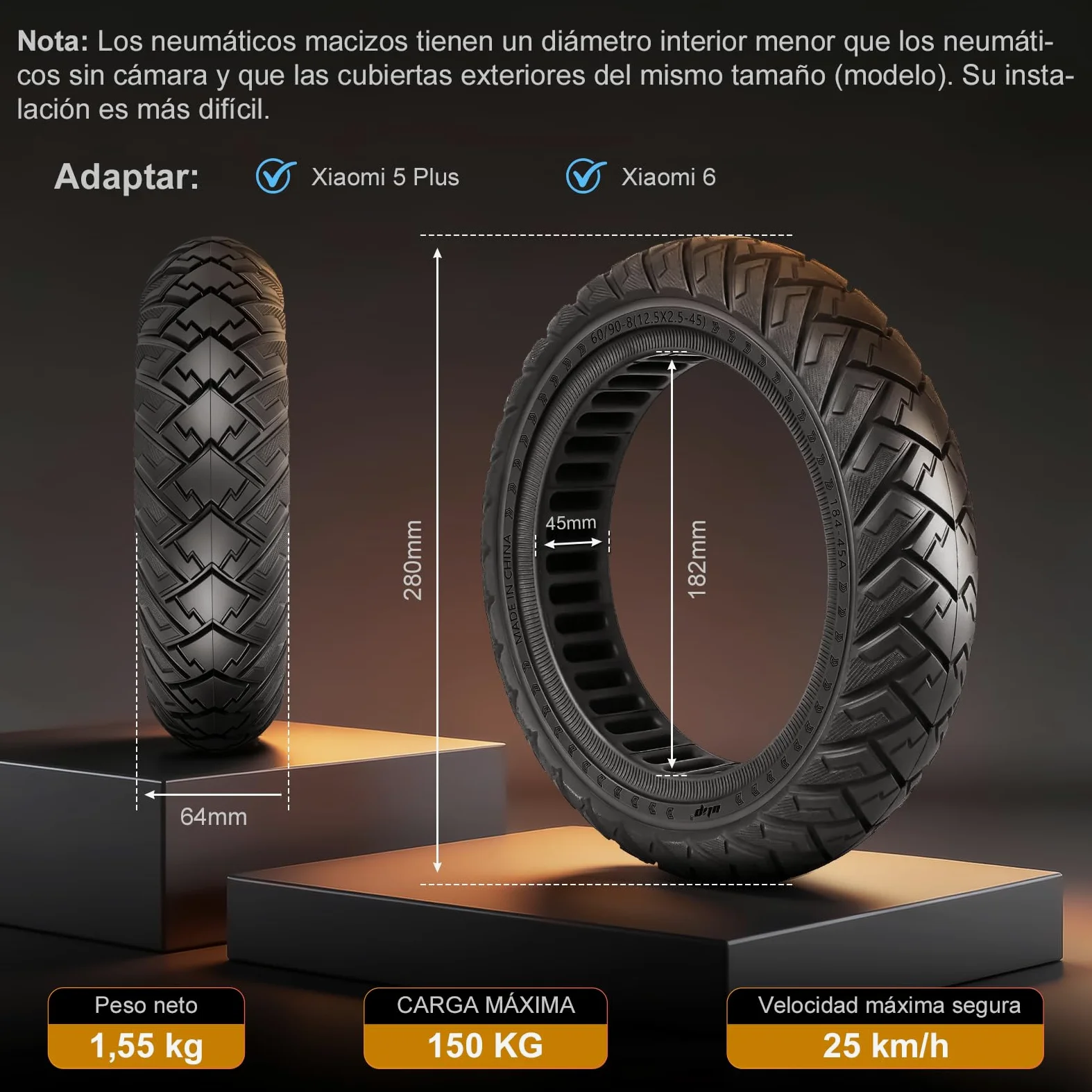 60/90-8 Neumático Maciza para Xiaomi 5 Plus, Neumático de Repuesto de 12 Pulgadas con Ranura para Tarjeta de 45 mm, 12,5x2,5 Ruedas Macizas Antideslizante y Antipinchazos (Negro 2 Piezas)