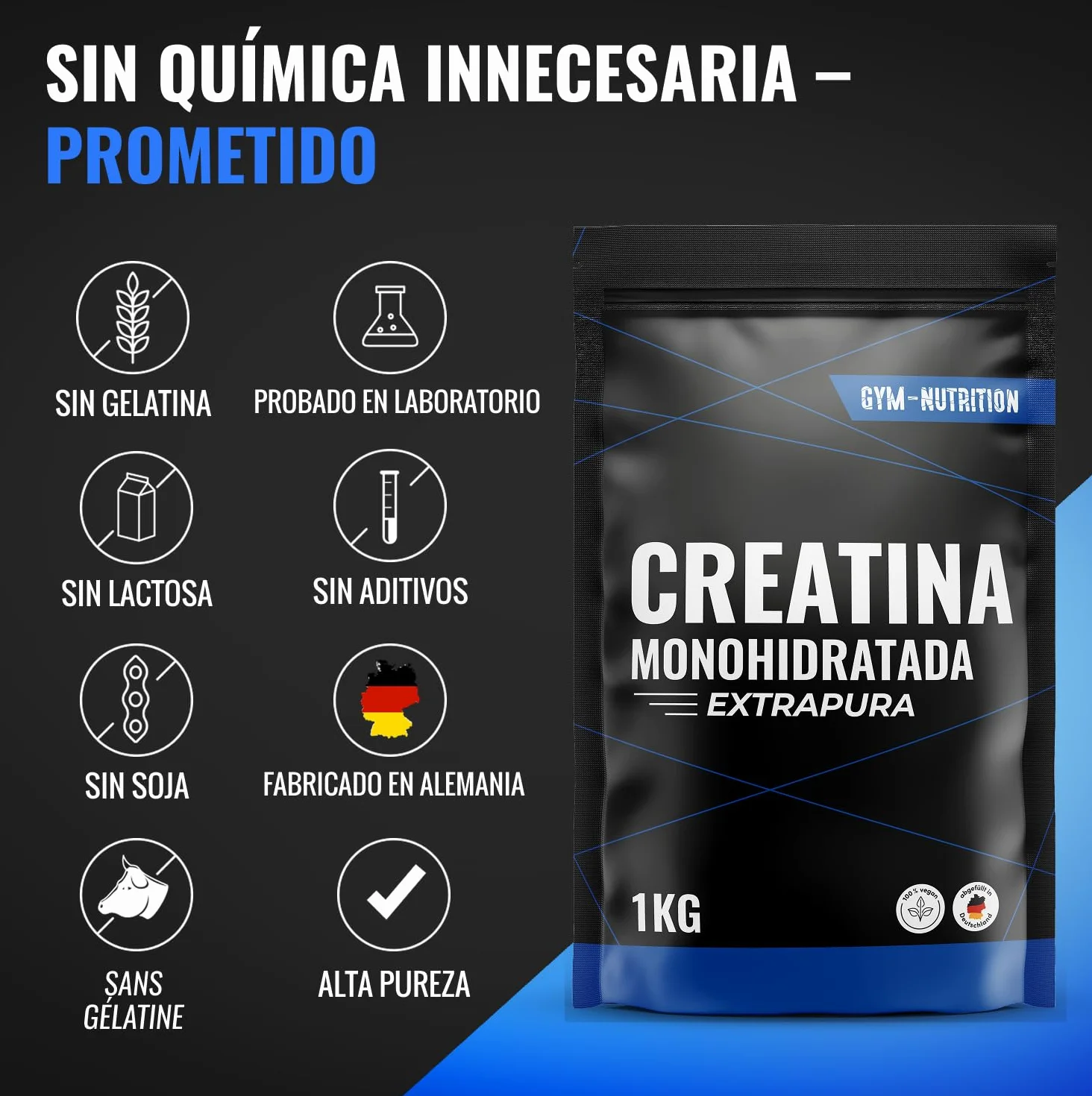 Creatina Monohidratada 1kg Polvo 100% Vegano Sin Sabor con Inulina Alta Pureza