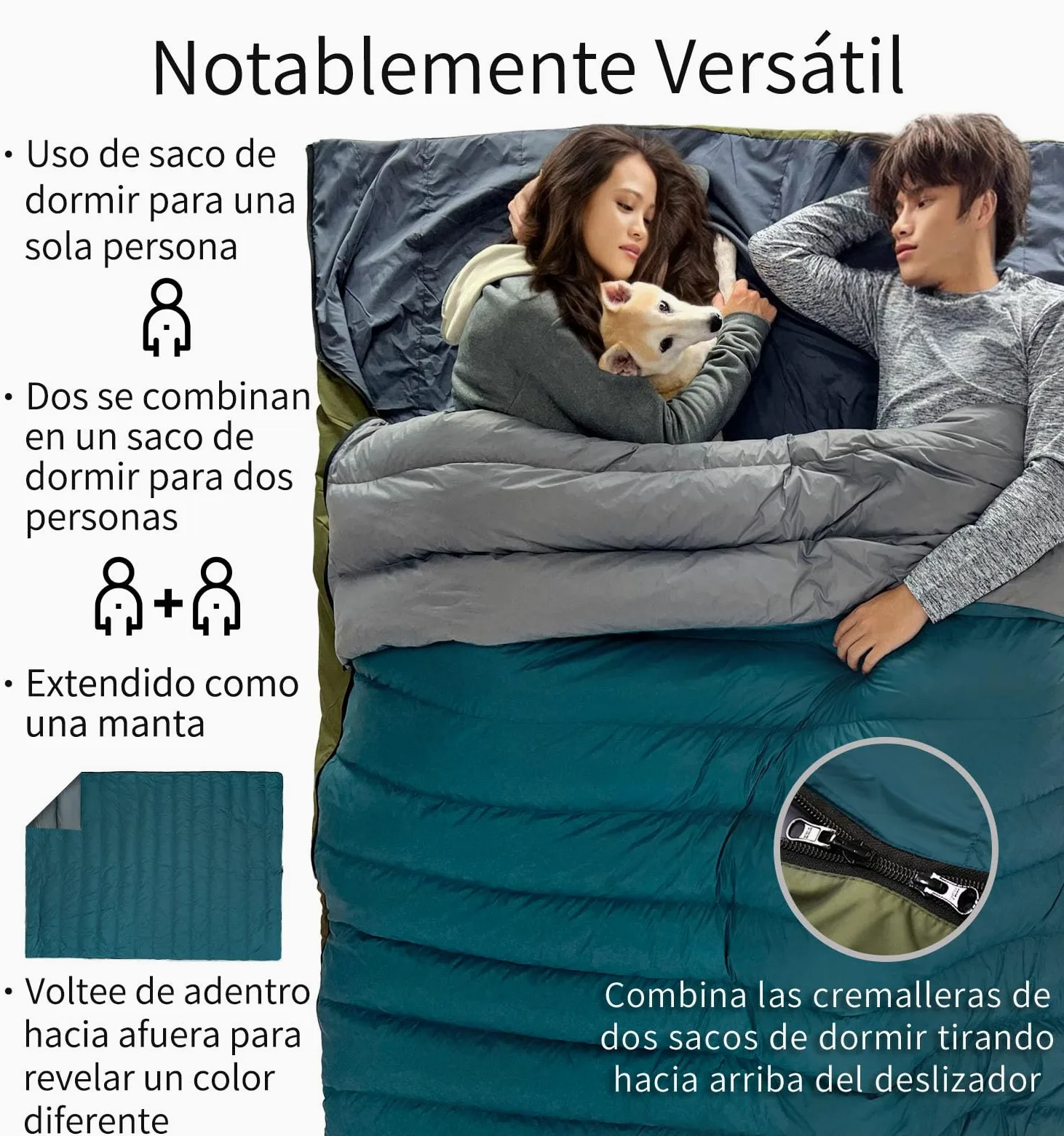 Saco de Dormir combinable Litume de plumón, 565g, 15°C, Ligero, Compacto para Adultos, Saco de Dormir Doble, para mochileros, Camping, Familia, Compacto con Bolsa de Almacenamiento(Verde Azulado)