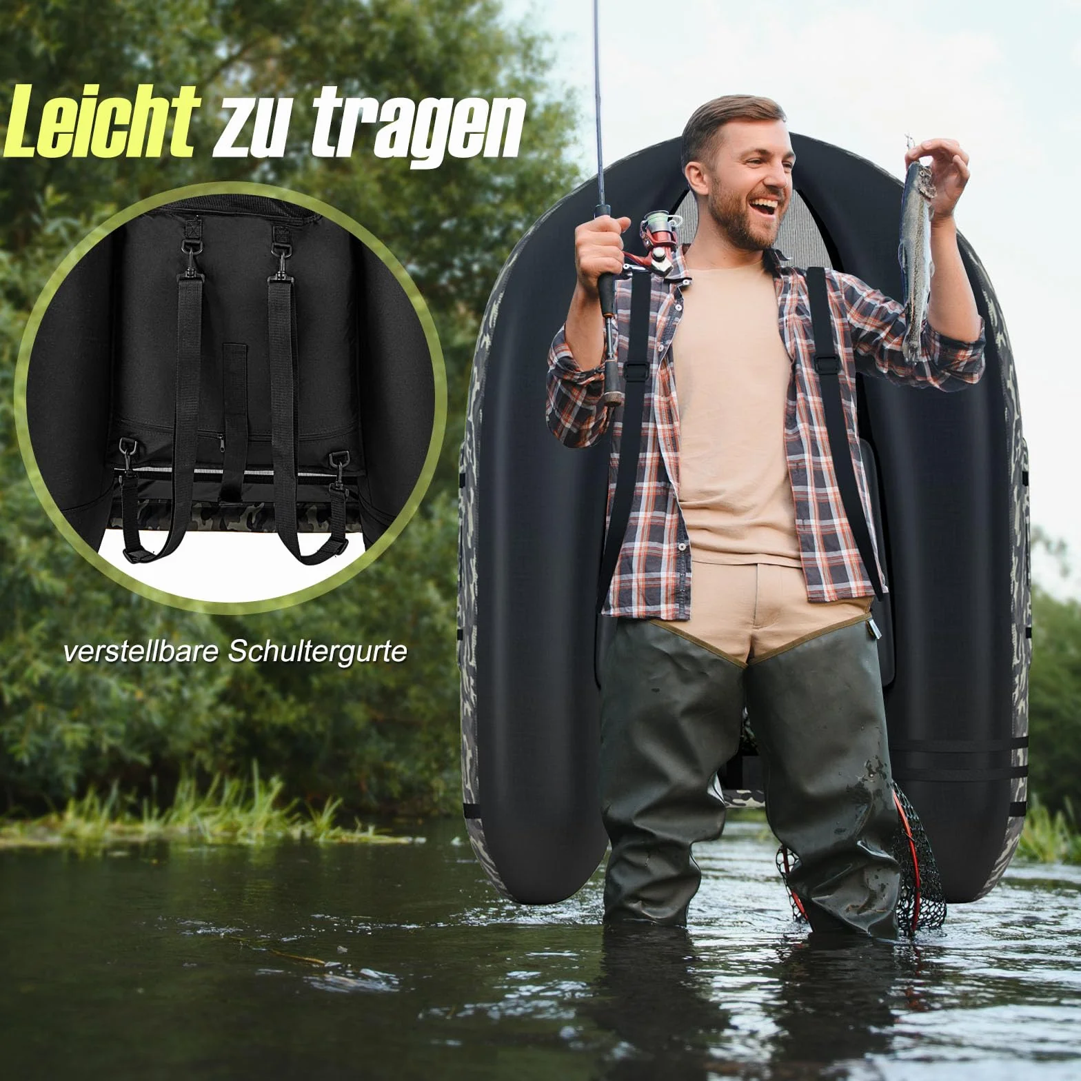 GOPLUS Bellyboot, Belly Boat soporta hasta 150 kg, bote inflable para pesca con remo de aluminio, bomba, aletas, regla de pescado, soporte para cañas y 2 correas de hombro, 135 x 109 x 54 cm