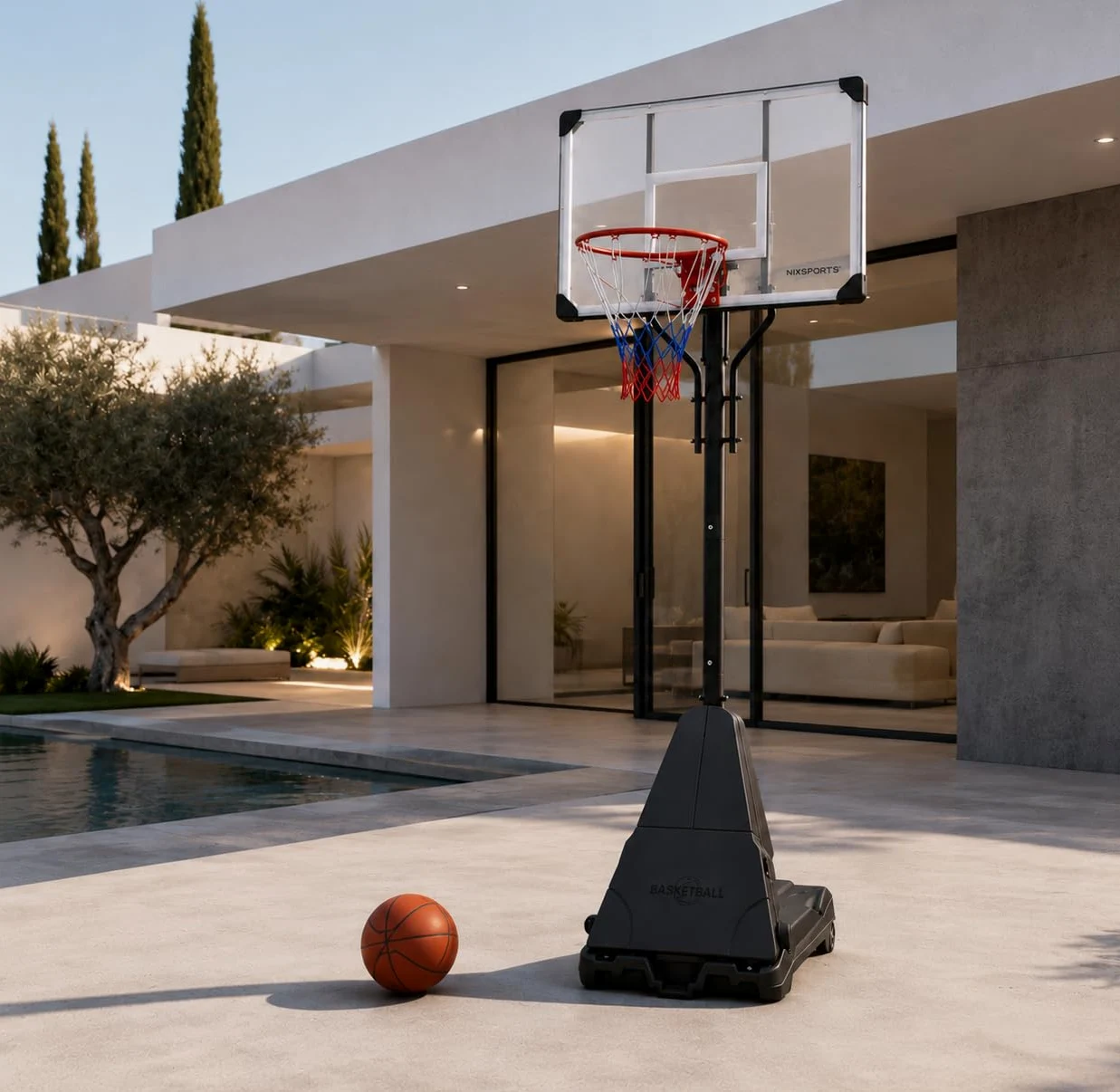 Canasta de Baloncesto portátil Regulable con Ruedas – Base rellenable, aro metálico con Red Tricolor – Uso jardín y Exterior