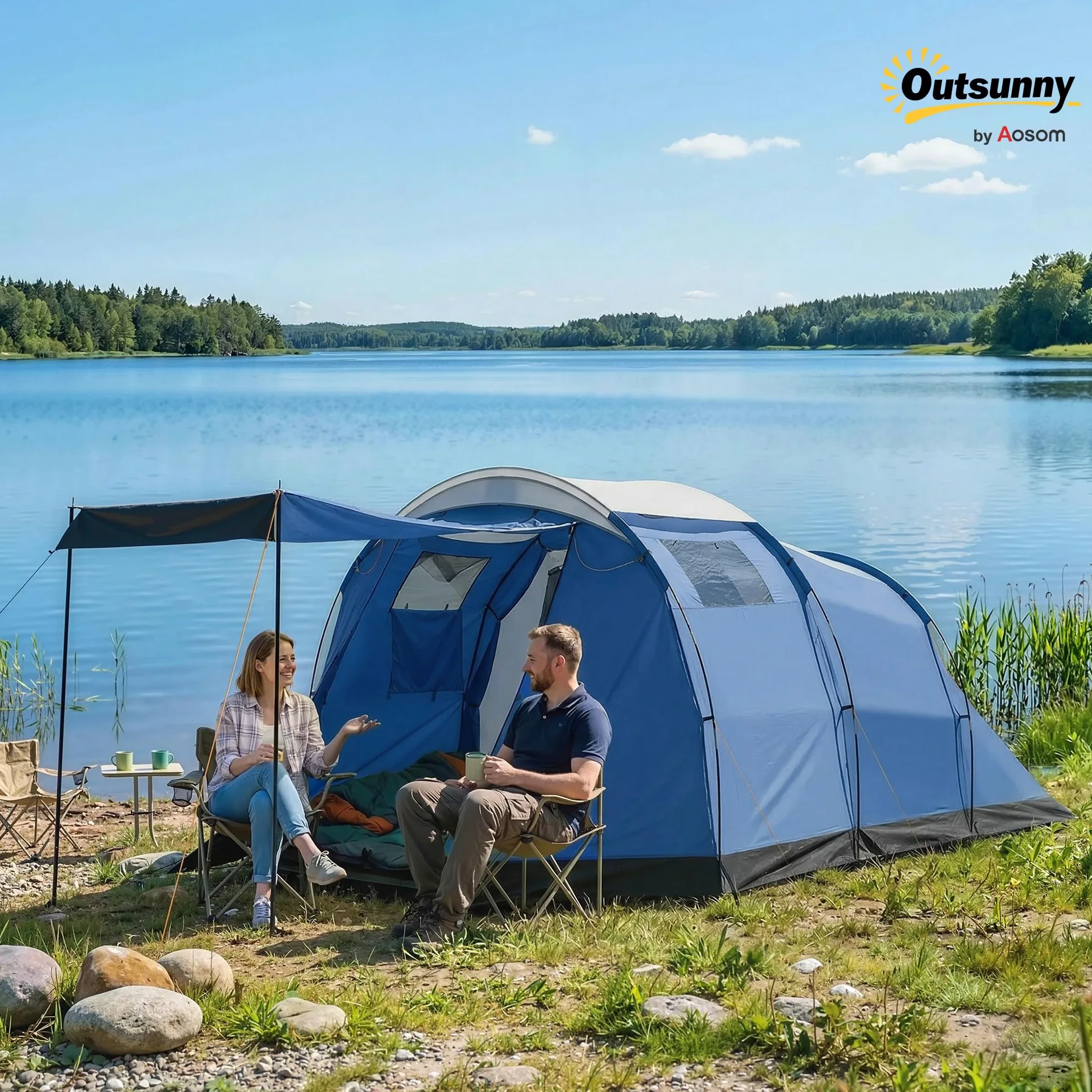 Outsunny - Tienda de campaña (túnel de 4 personas, 3000 mm, 190 cm), color azul oscuro | Amplio salón, doble capa, cobertizo de jardín, Bivouac Senderismo, con toldo, altura de pie 190 cm
