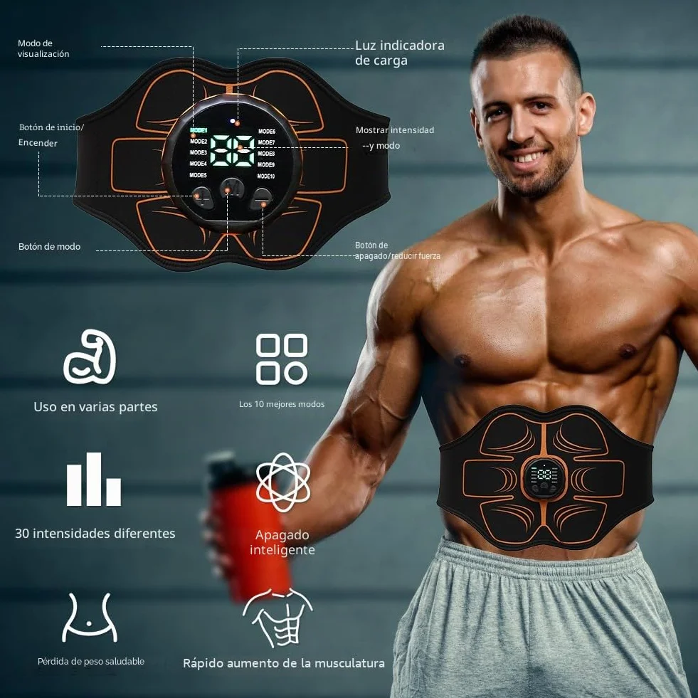 EMS - Aparato de entrenamiento eléctrico para abdominales, para estimulación muscular, 10 modos y 30 intensidades, recargable por USB, cinturón abdominal para hombres y mujeres