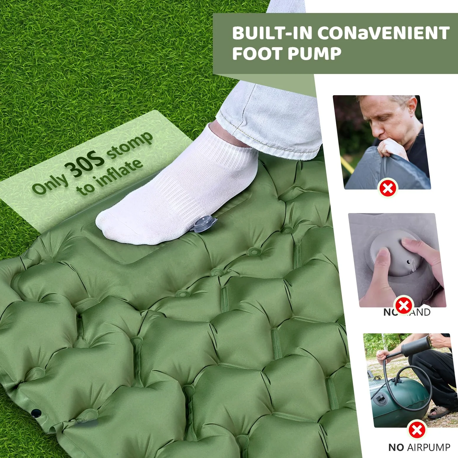 Colchoneta inflable ultraligera para dormir para camping, almohadilla de dormir autoinflable con bomba de pie integrada, colchón de aire duradero e impermeable para aventuras de camping y