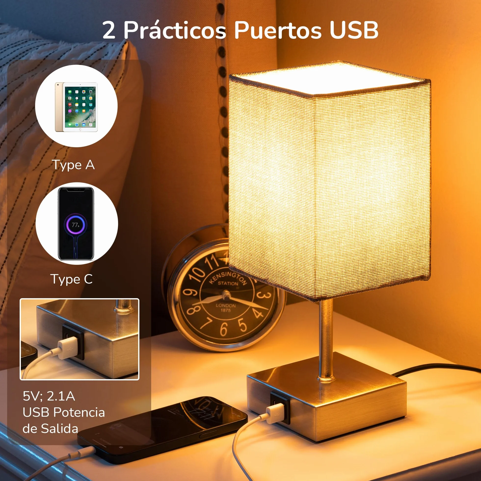 EDISHINE Lámpara de Noche LED Regulable Táctil 2 Lámparas de Mesa Modernas con Puertos USB Gris