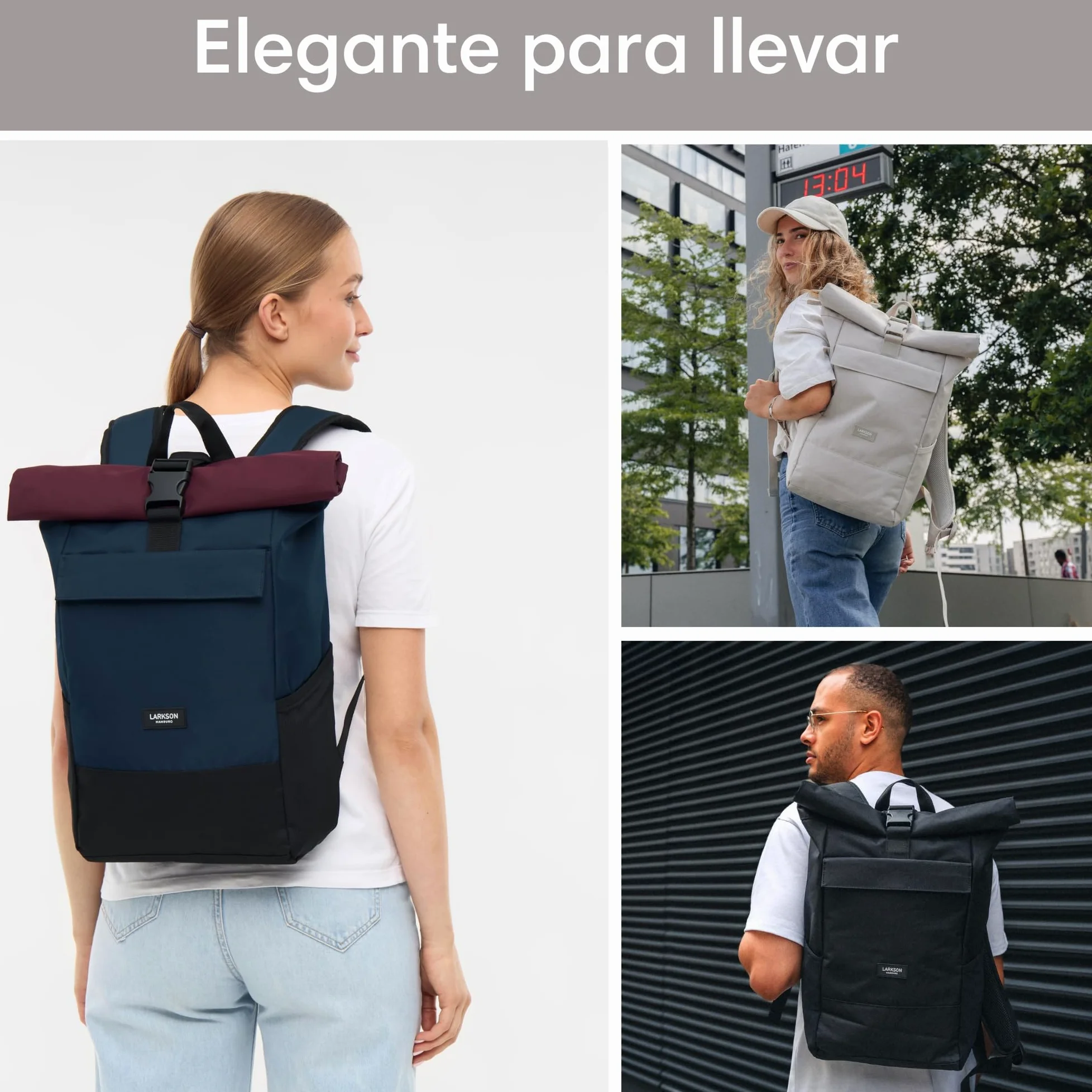 LARKSON Mochila Enrollable Hombre & Mujer - No 4 - Macuto para Viaje, Uni, Trabajo - de Botellas Pet Recicladas - Bolso para Portátil - Impermeable