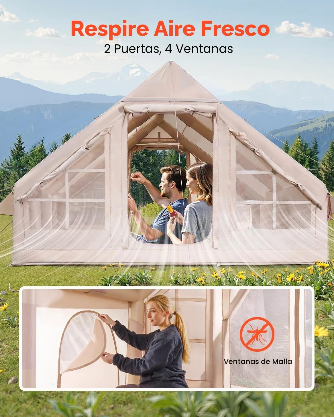 VEVOR Tienda Inflable para Acampar, Carpa Inflable de para Personas con Bomba Manual, Conector para Estufa, Puertas y Ventanas de Malla, Bolsa de Almacenamiento