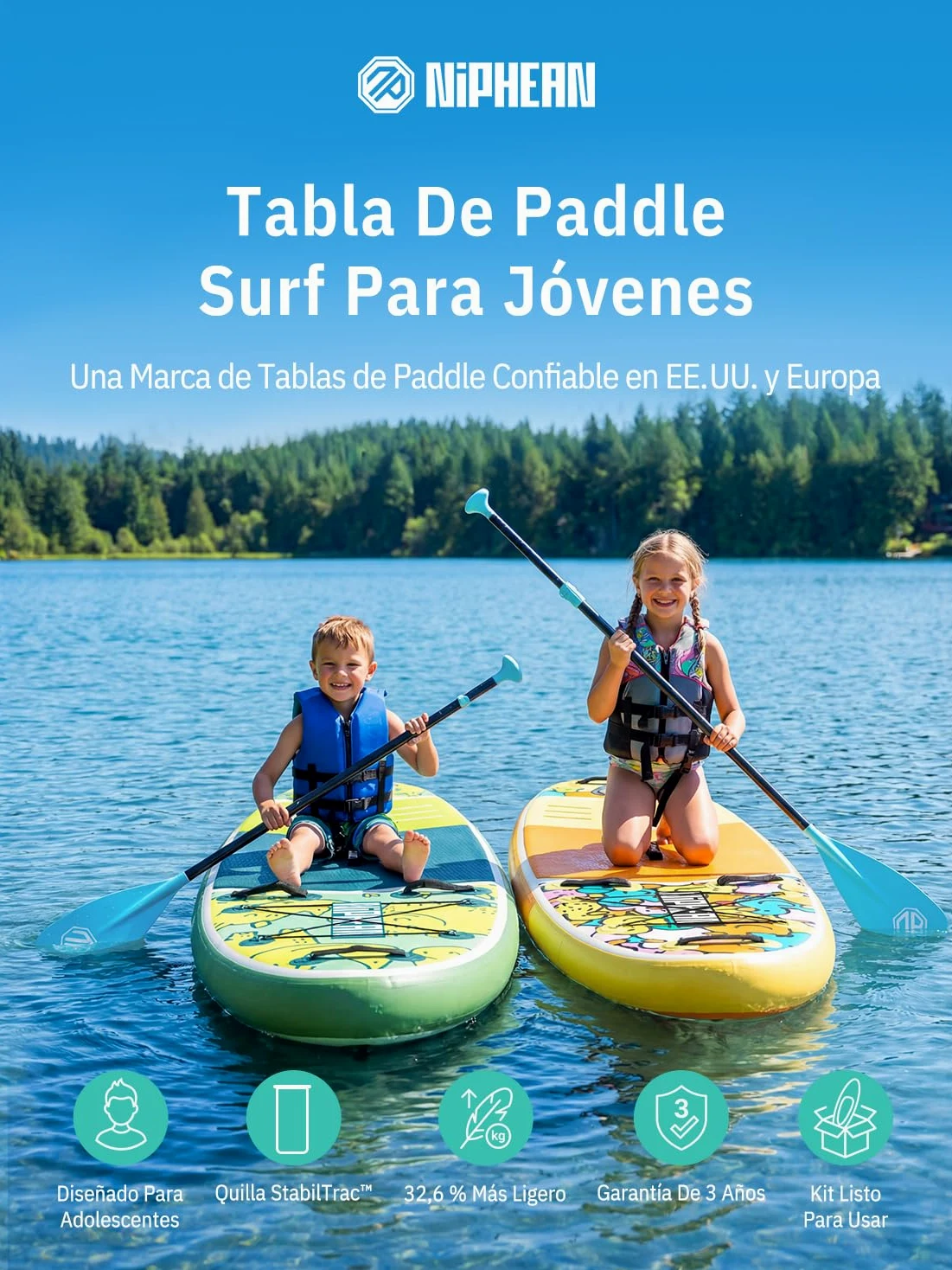 Niphean (Extra Grande) Tabla Paddle Surf Hinchable para 2+1 Personas/Familia, Paddle Surf con (Apto para Principiantes) Aleta Equilibrada, Funda Waterproof, Sup Board para Adultos, Regalo
