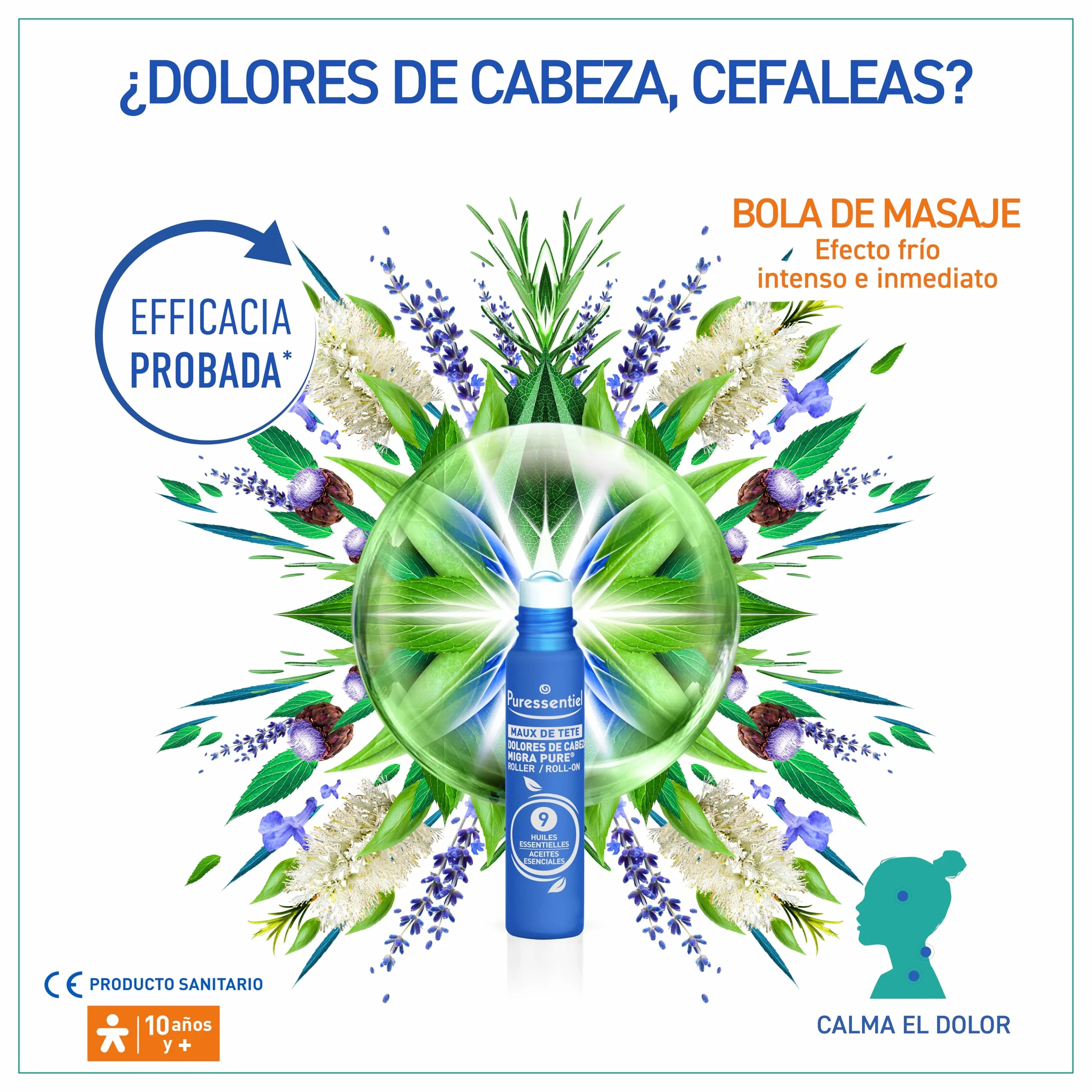 Puressentiel Roll-On Dolor de Cabeza 9 Aceites Esenciales 5 ml Alivio Rápido Efecto Frío Intenso