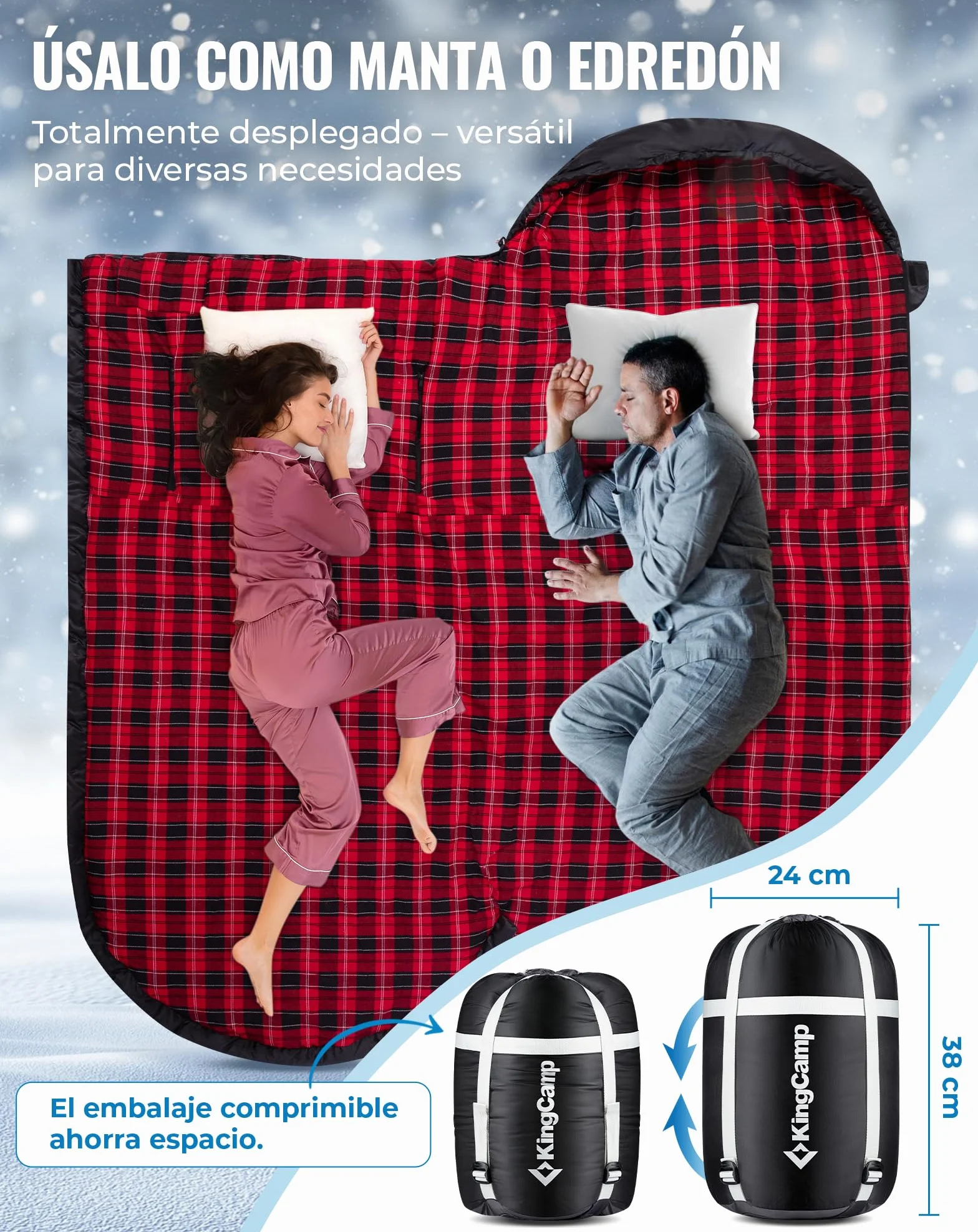 KingCamp Saco de Dormir XXL de Franela de Algodón para Adultos, Saco de Dormir Grande de Invierno para Camping 4 Estaciones, Viajes y Actividades al Aire Libre, 220x100cm