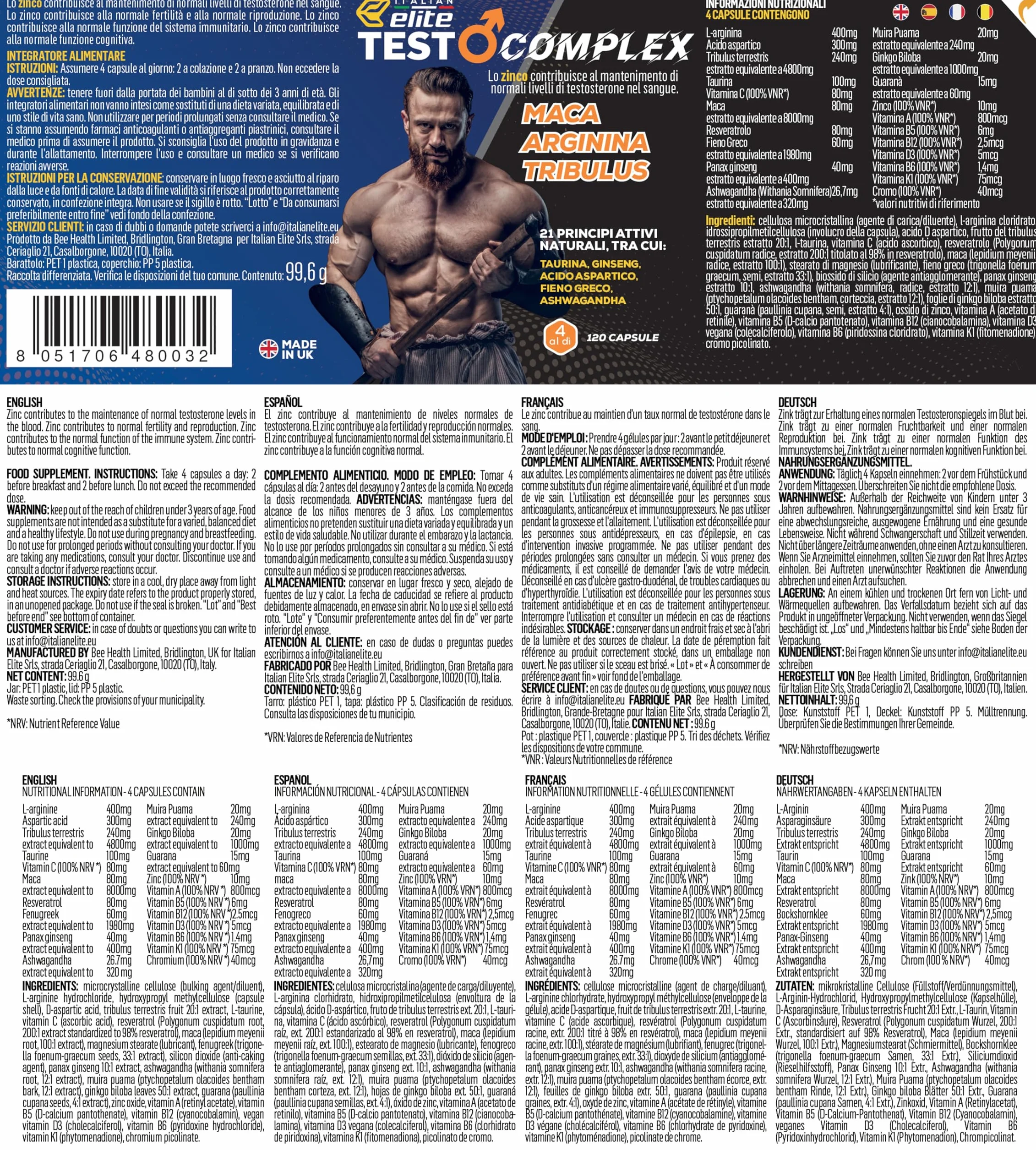 Italian Elite Testo Complex 120 Cápsulas - Maca 8000 mg, Tribulus, Fenogreco, Zinc, Arginina, Taurina, Ashwagandha, Vitaminas y Minerales