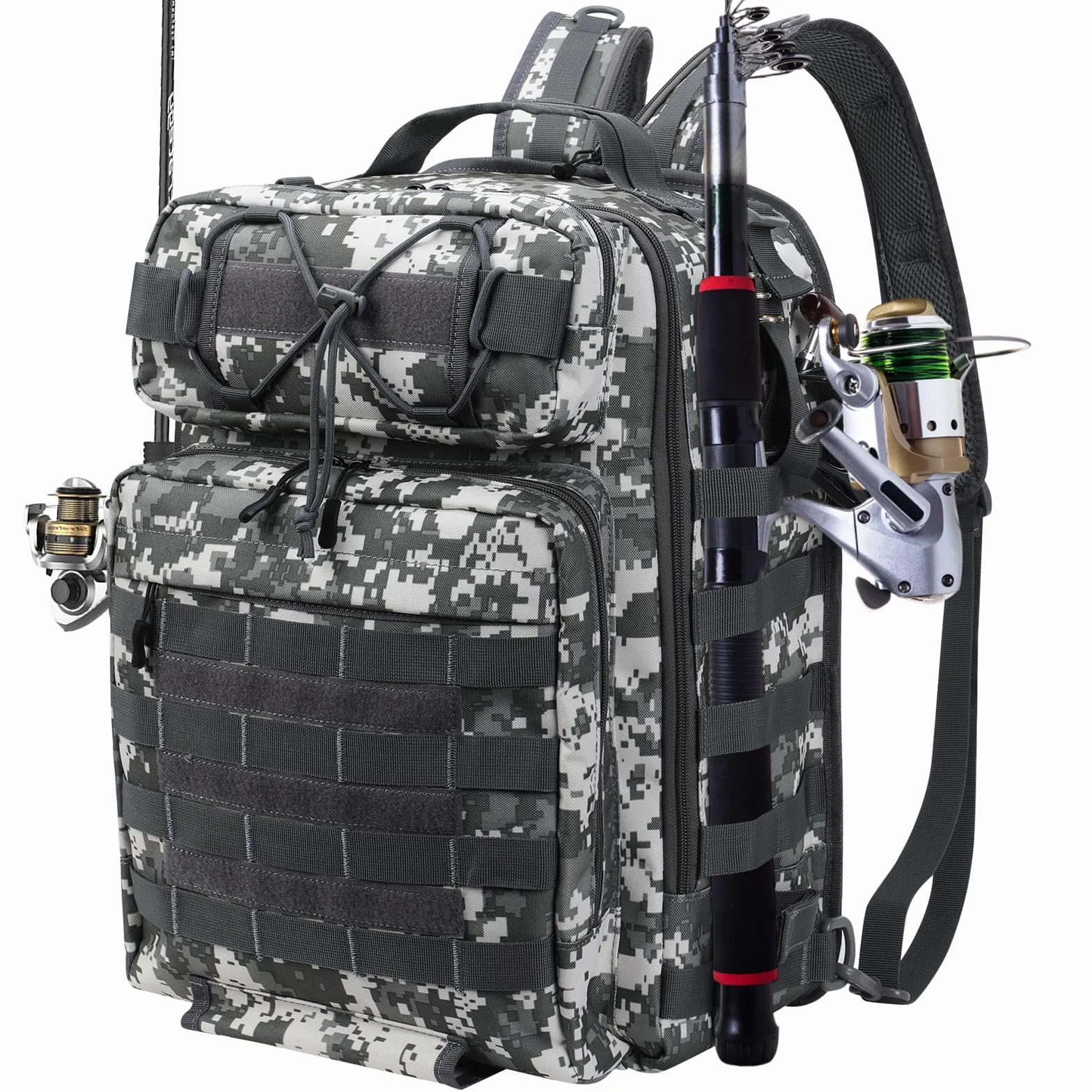 Mochila de Pesca 37L Impermeable con Soporte para Caña Almacenamiento Aparejos Senderismo Caza Camping