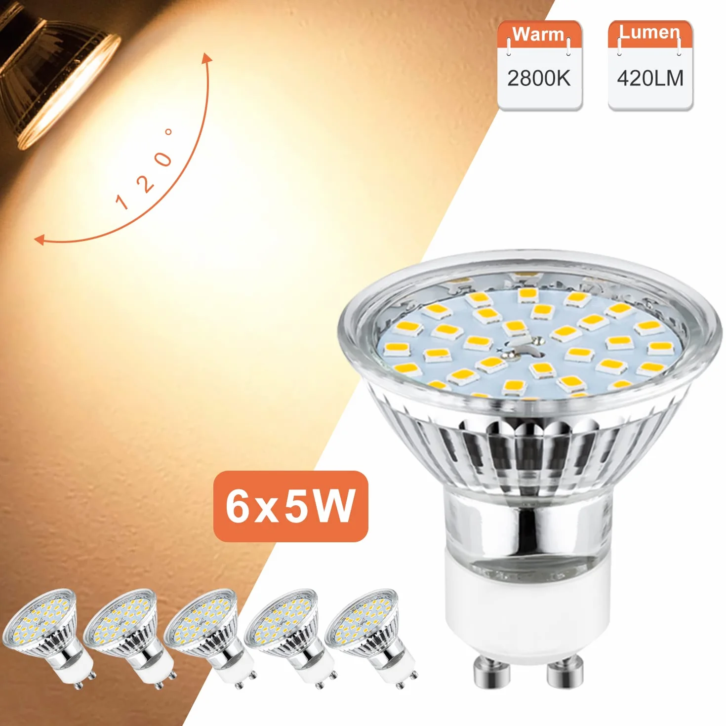 wowatt Lámpara de techo LED Plafón con Focos Giratorios 6x Spot GU10 5W 230V 2800K Blanco cálido 420lm IP20 Níquel Mate