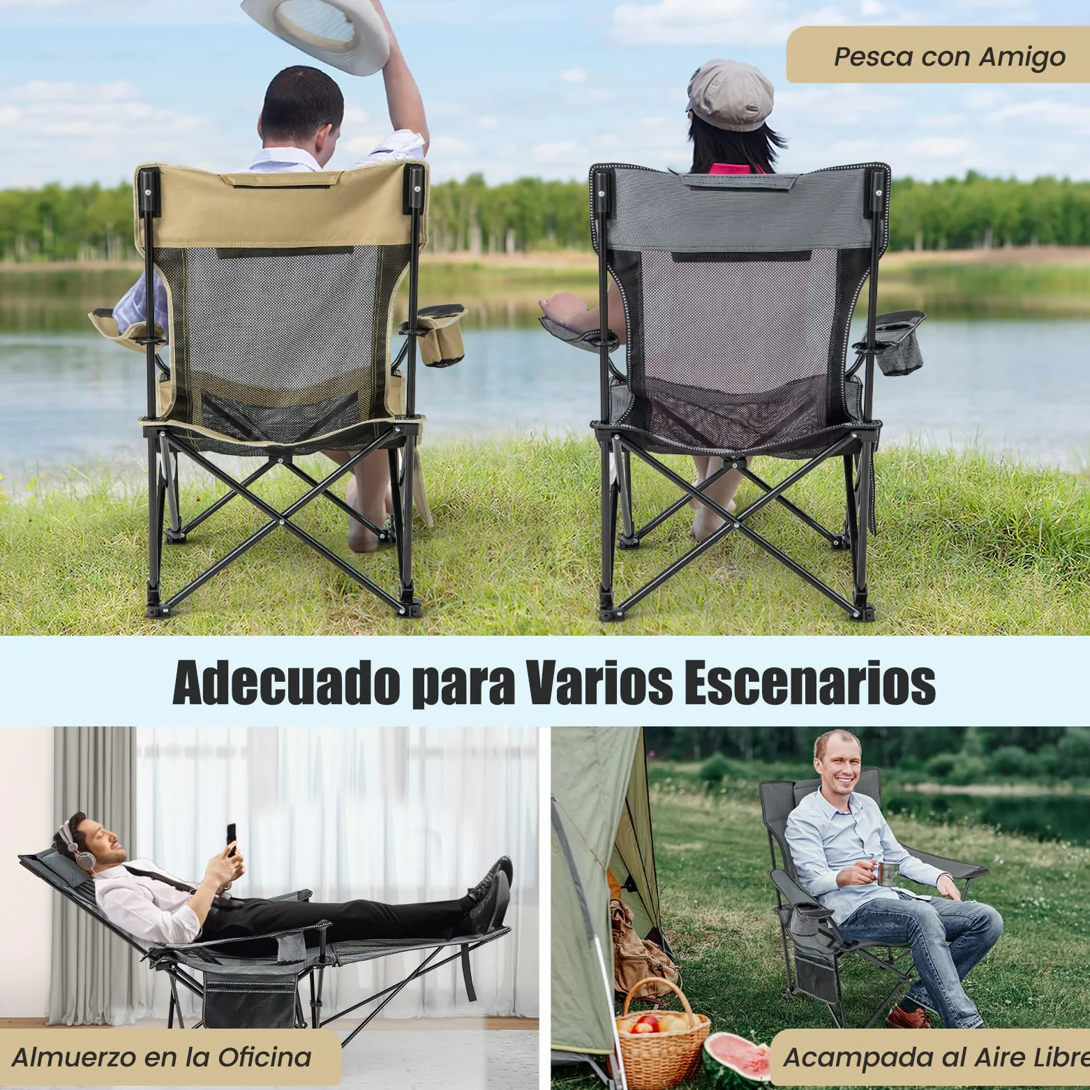 COSTWAY Silla Plegable Camping, Silla de Acampada Portátil 2 en 1, Reposapiés Desmontable, Respaldo Ajustable, Portavasos y Reposacabezas, Bolsa De Almacenamiento, Silla Camping Pesca, Picnics (Gris)