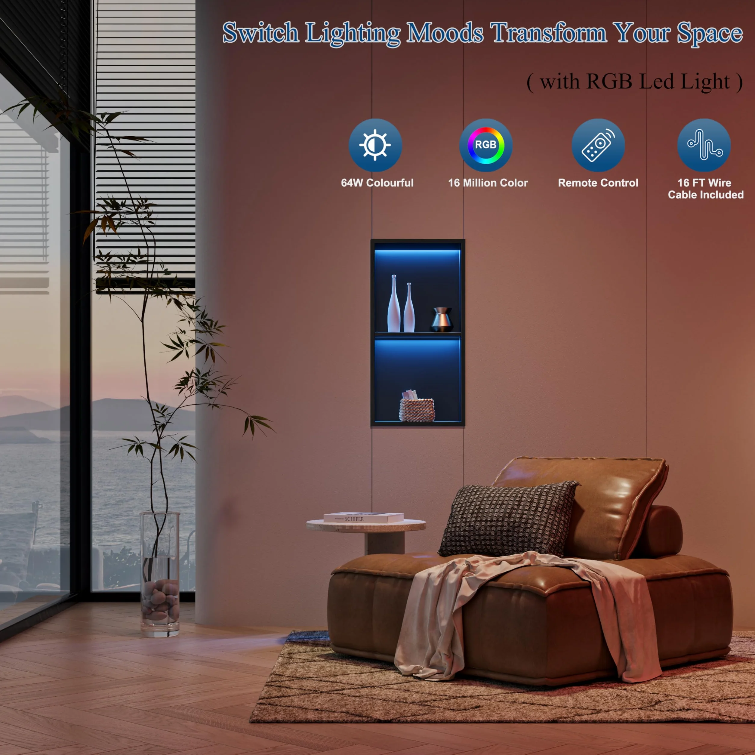 Ducha de pared acero inoxidable LED RGB IP68 doble nicho negro 60x30 cm mando a distancia 20 modos