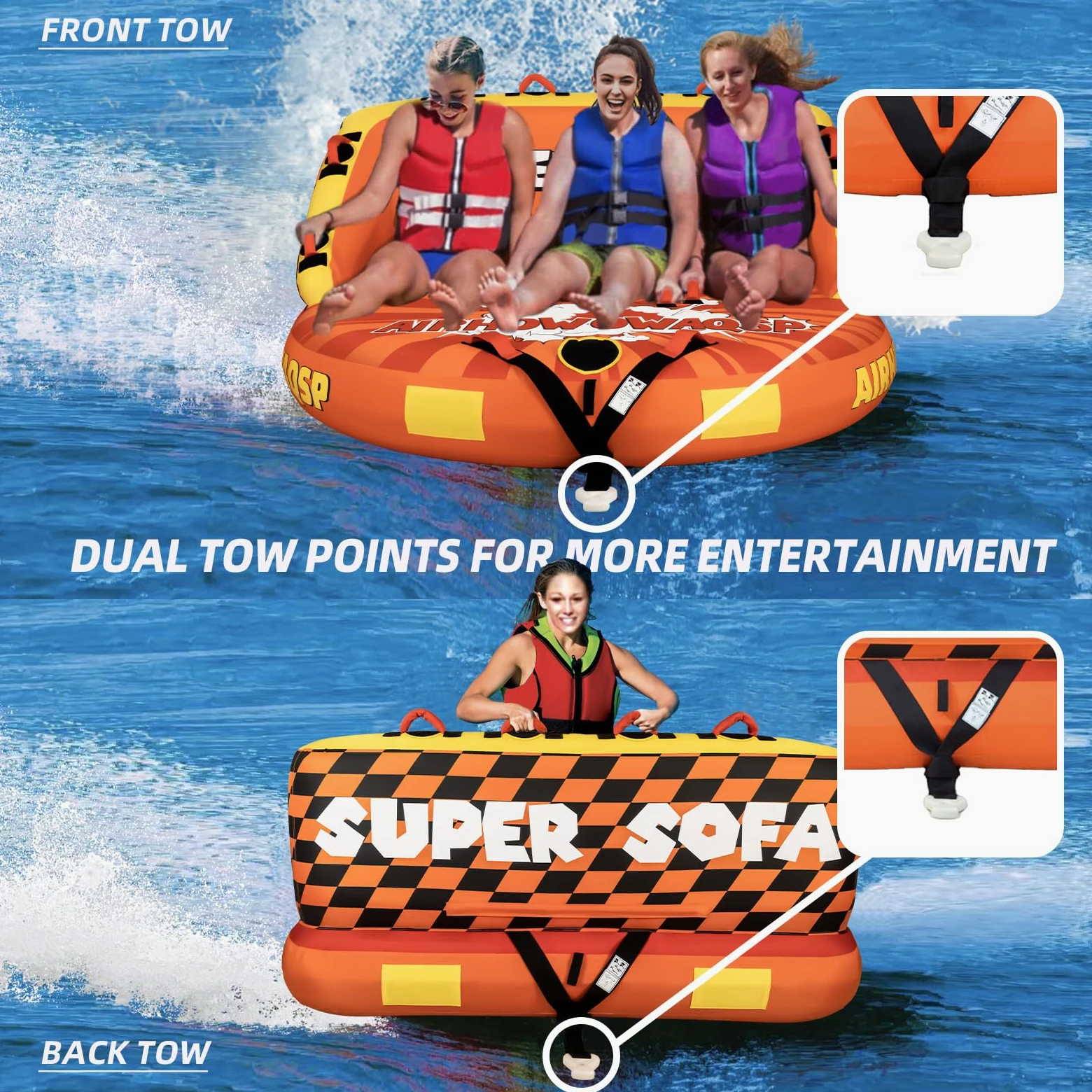 Super sofá remolcable tubos para navegación de 1 a 3 personas, tubos para barcos, botes inflables, tubo de barco, tubo de agua, puntos de remolque delanteros y traseros con cubierta de