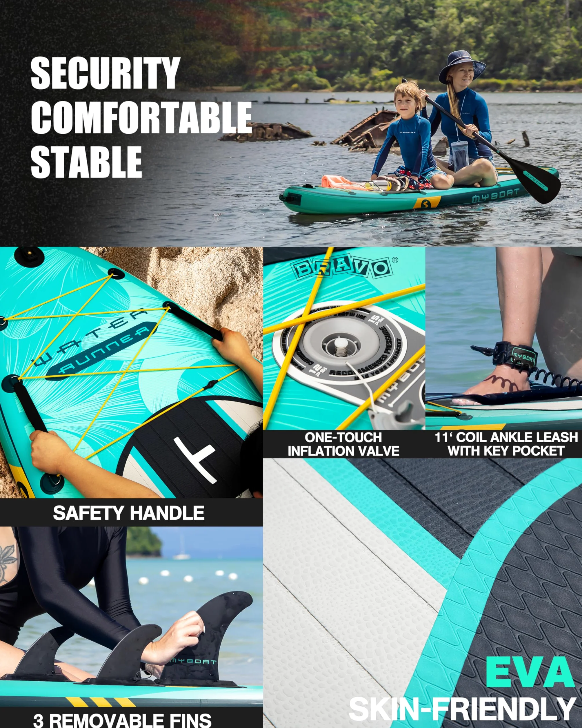 MYBOAT Tabla de Paddle Surf Hinchable 320cm - 10,6" con Accesorios Incluidos de Primera Calidad, Remo Ajustable, Bomba de Mano, Mochila de Transporte. 320 x 89 x 15 cm, Soporta hasta 168Kg