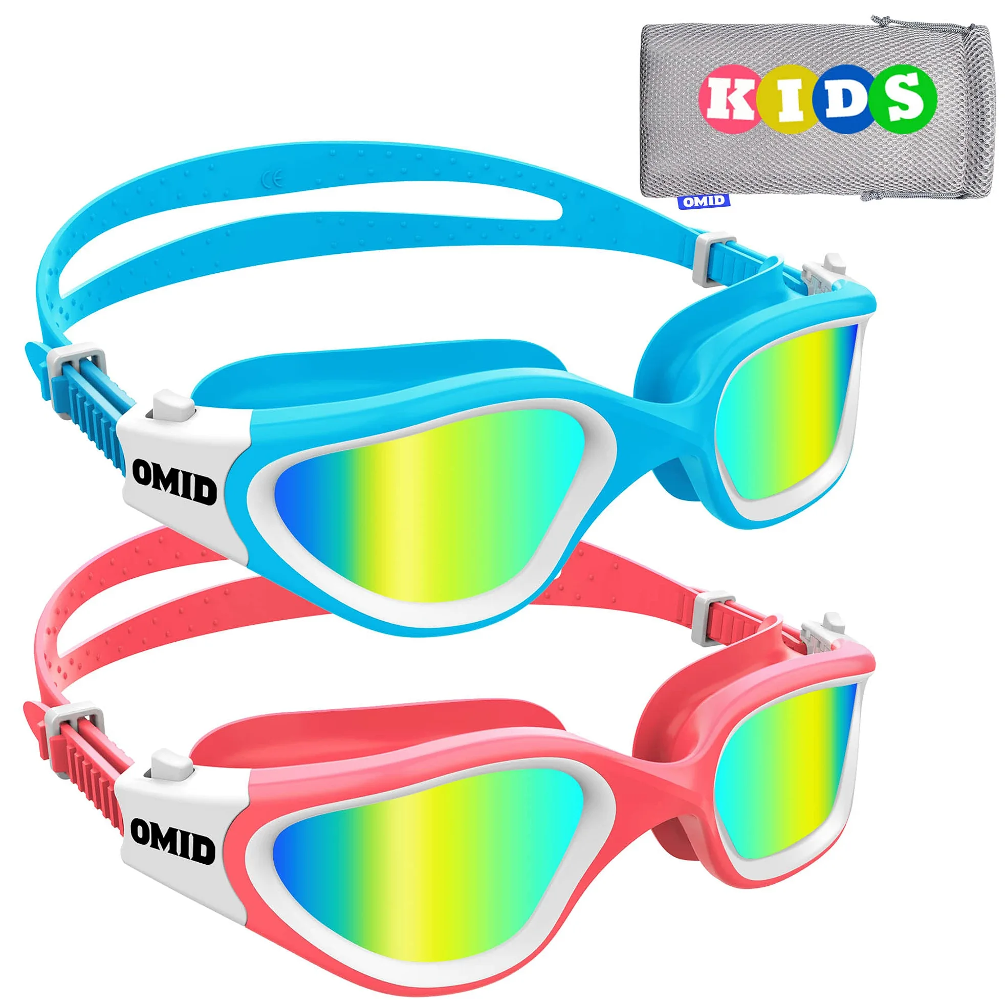 OMID - Gafas de natación para niños, 2 paquetes P2, cómodas polarizadas, unisex, antiempañamiento, sin fugas, para niños con protección UV de 6 a 14 años (oro azul y oro rosa)