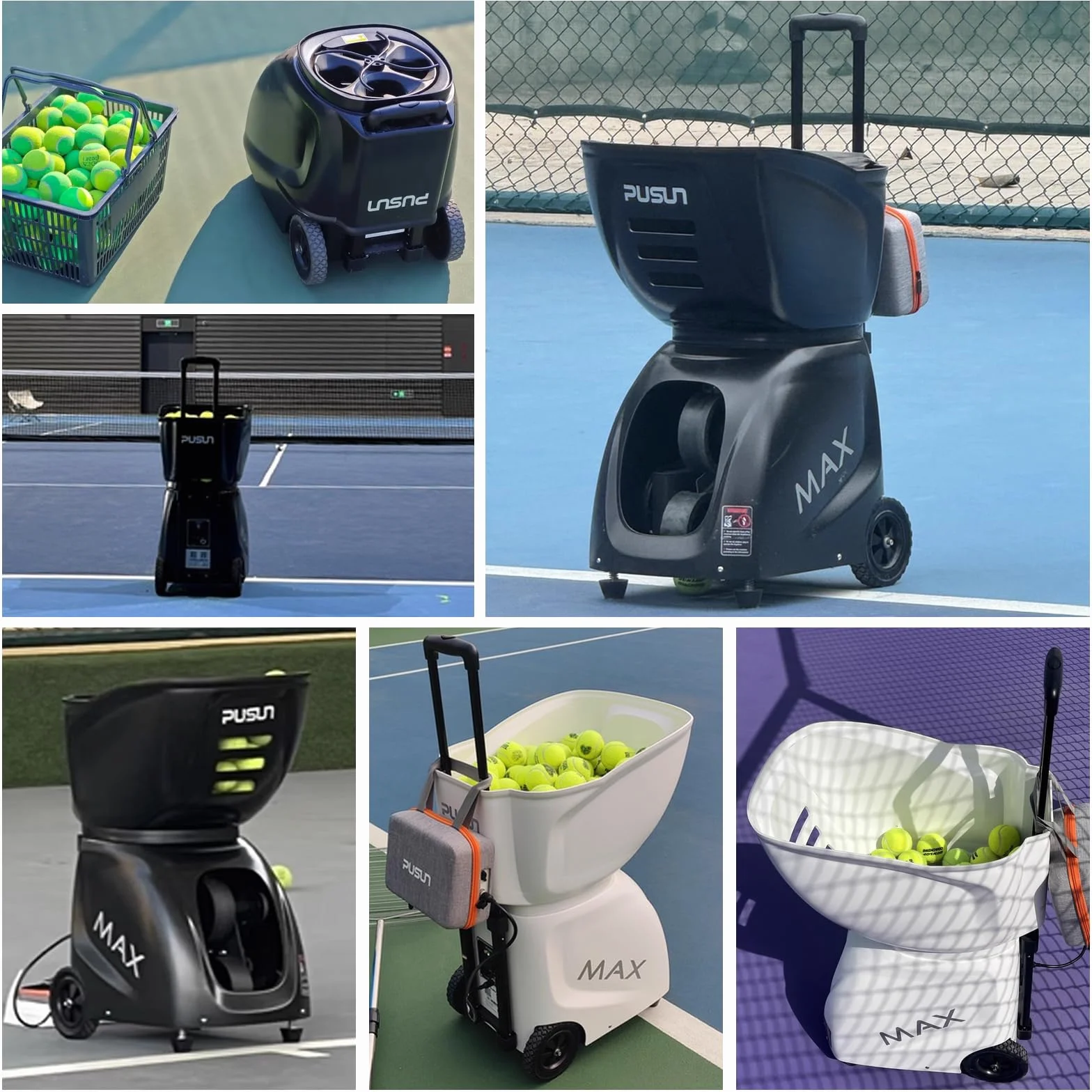 PUSUN PT-Max C - Lanzador de pelotas de tenis, más de 145 pelotas, doble aplicación y control remoto, 28 modos de entrenamiento de autoprogramación, negro, 1 artículo